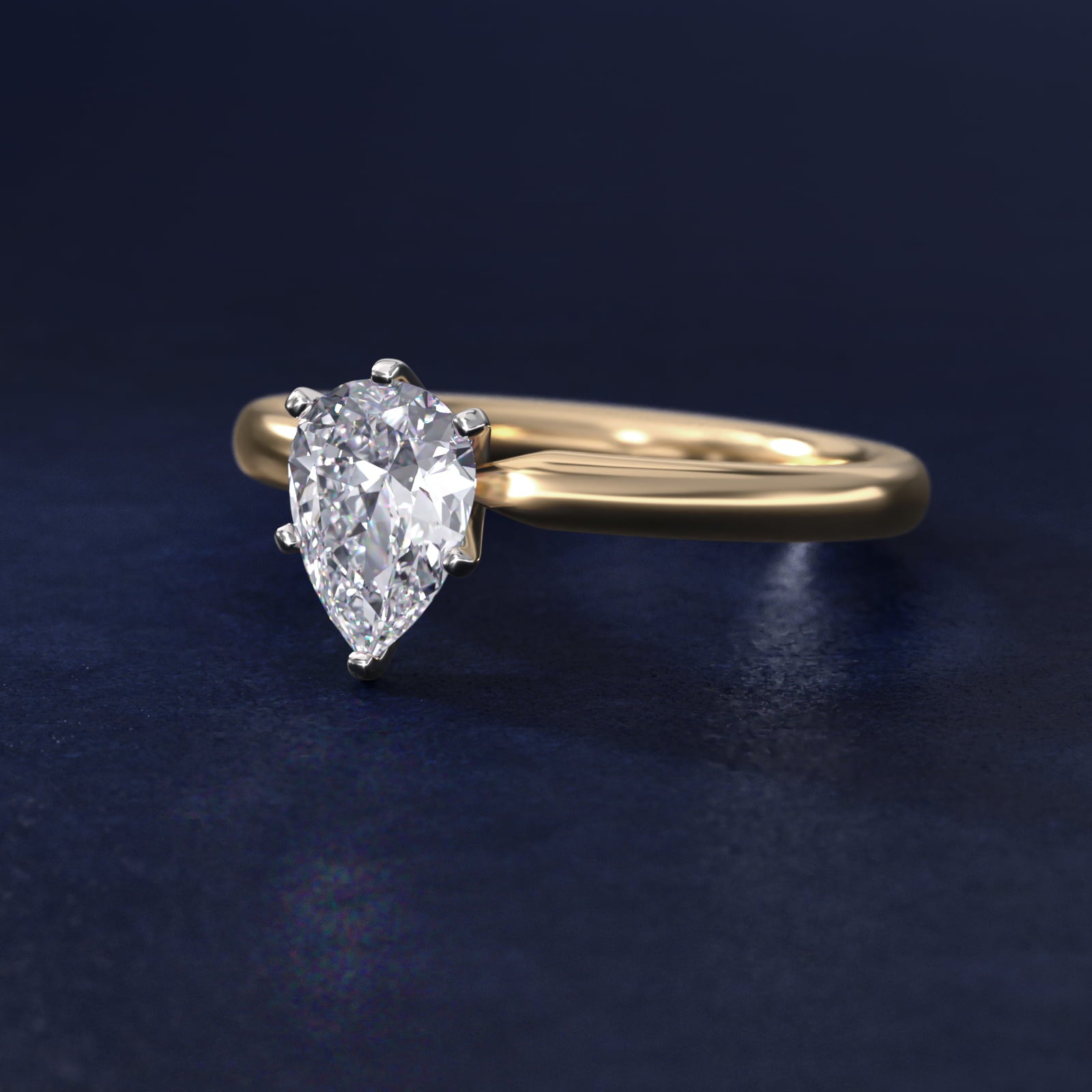 Six-Prong Low Dome Comfort Fit Solitaire Engagement Ring in 14K Yellow Gold (2mm) - Pear Center
