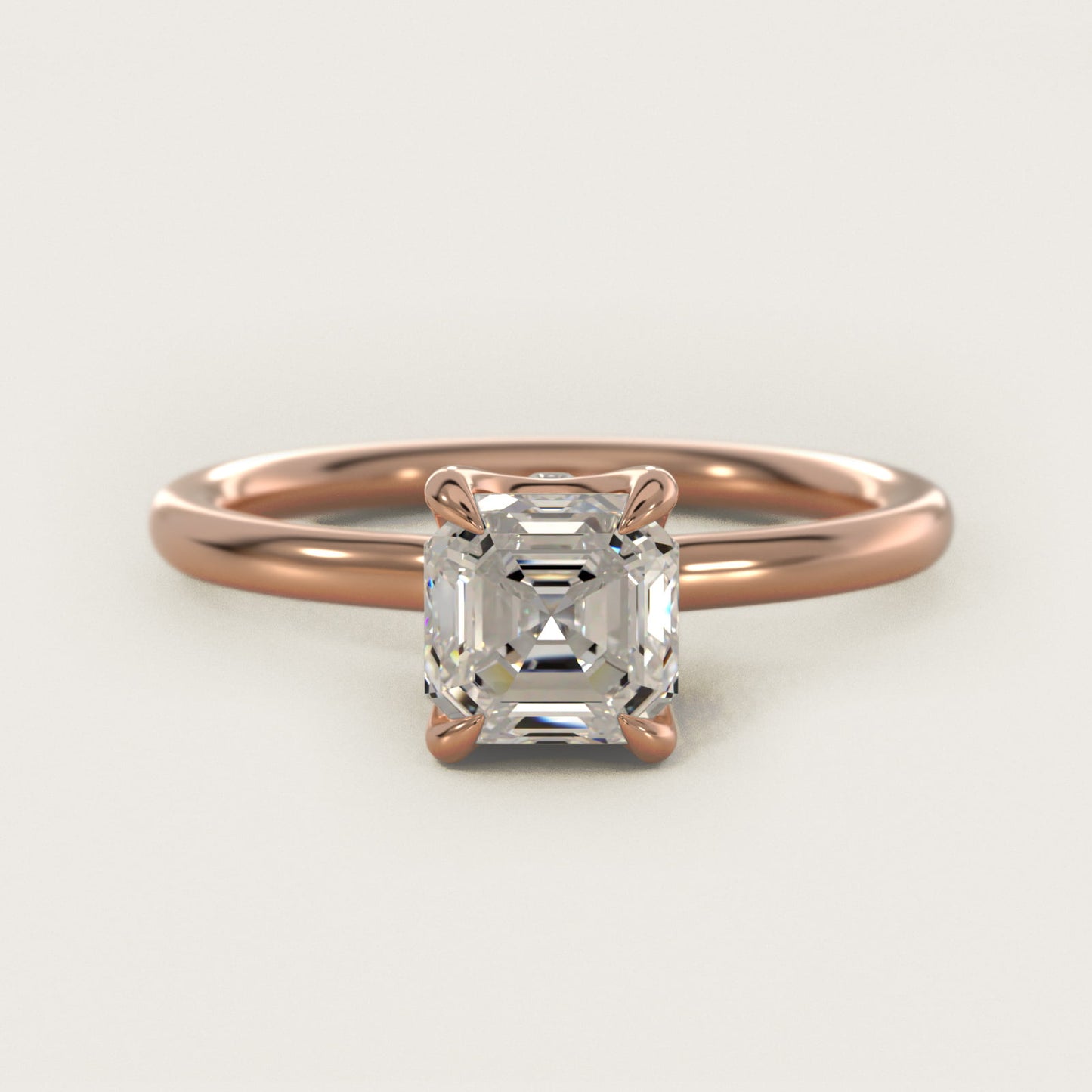 Six-Prong Solitaire Plus Hidden Halo Diamond Engagement Ring in 18k Rose Gold - Asscher Center