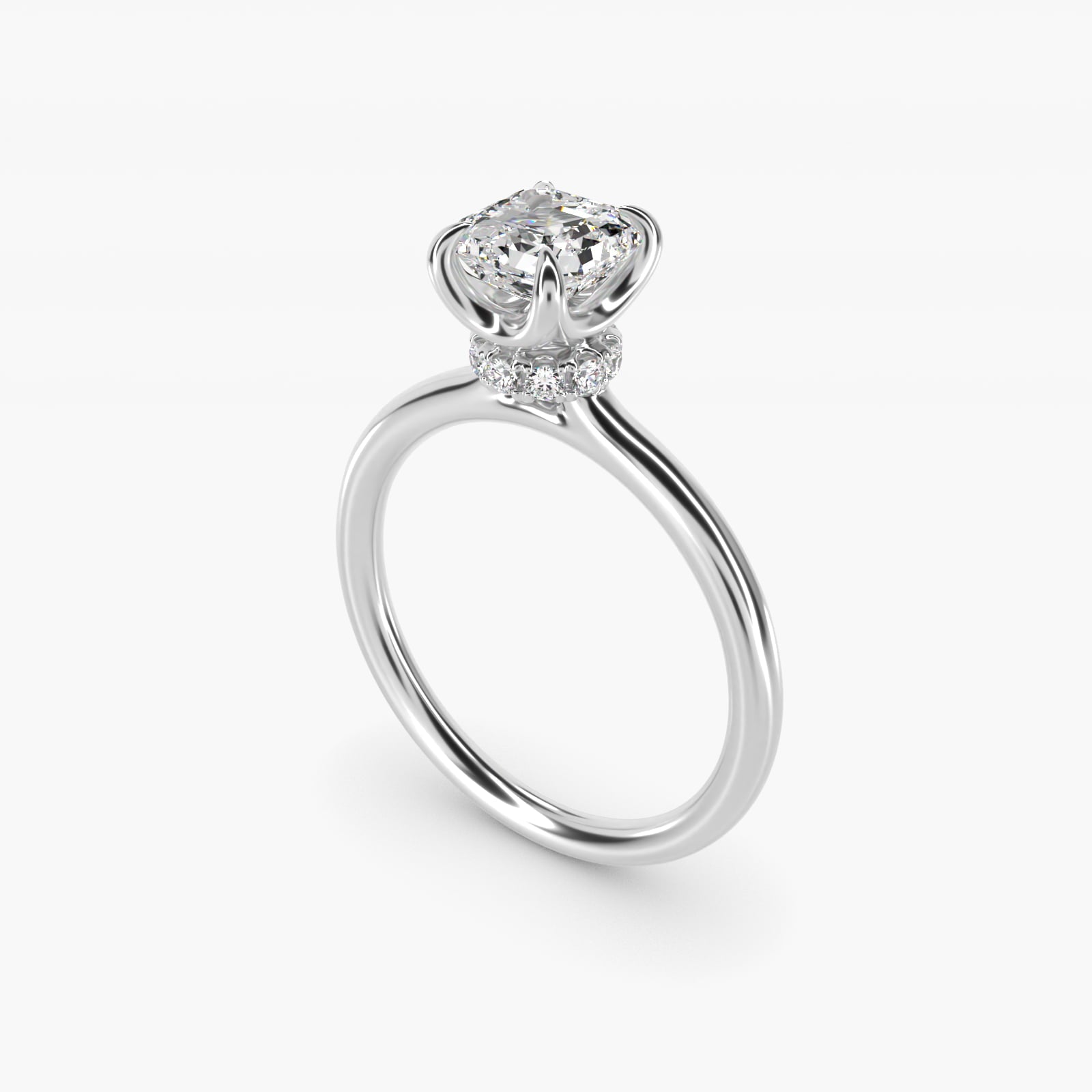 Six-Prong Solitaire Plus Hidden Halo Diamond Engagement Ring in 18k White Gold - Asscher Center