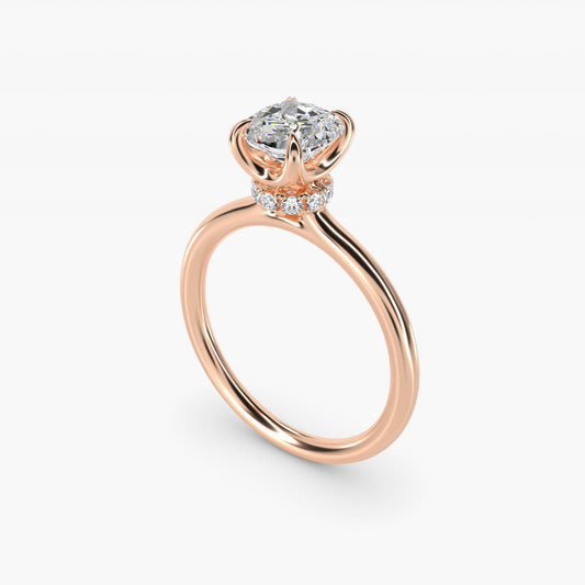 Six-Prong Solitaire Plus Hidden Halo Diamond Engagement Ring in 18k Rose Gold - Cushion Center