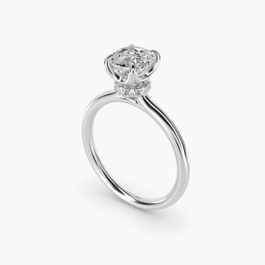 Six-Prong Solitaire Plus Hidden Halo Diamond Engagement Ring in 14k White Gold - Cushion Center