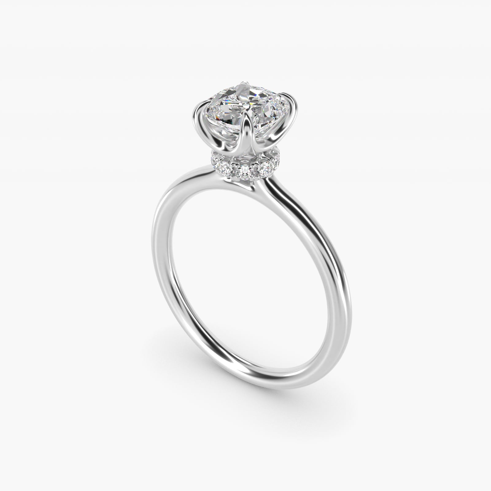 Six-Prong Solitaire Plus Hidden Halo Diamond Engagement Ring in 18k White Gold - Cushion Center