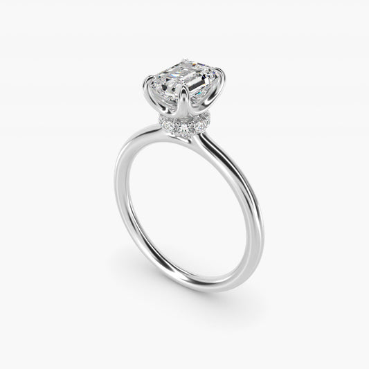 Six-Prong Solitaire Plus Hidden Halo Diamond Engagement Ring in 18k White Gold - Emerald Center