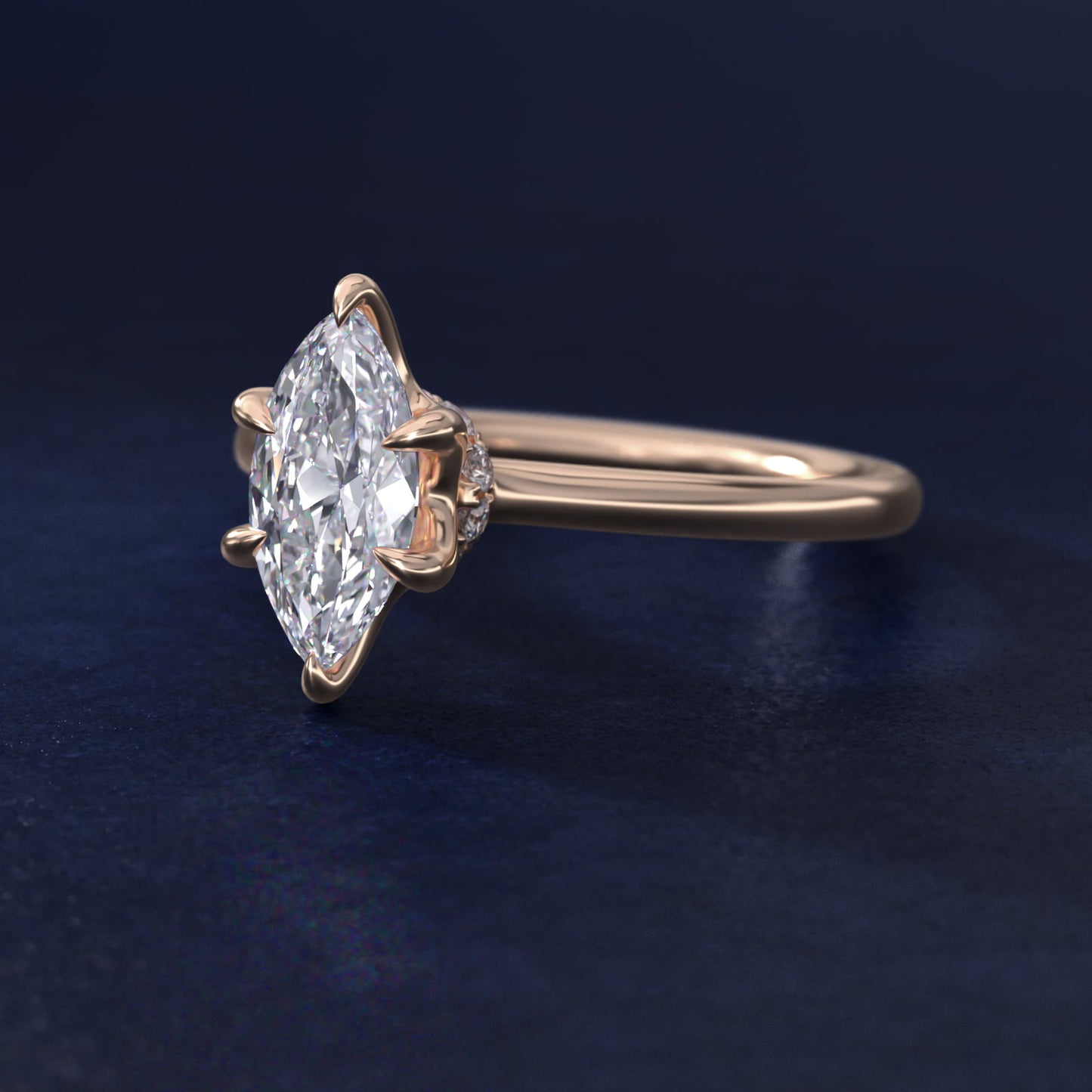 Six-Prong Solitaire Plus Hidden Halo Diamond Engagement Ring in 18k Rose Gold - Marquise Center