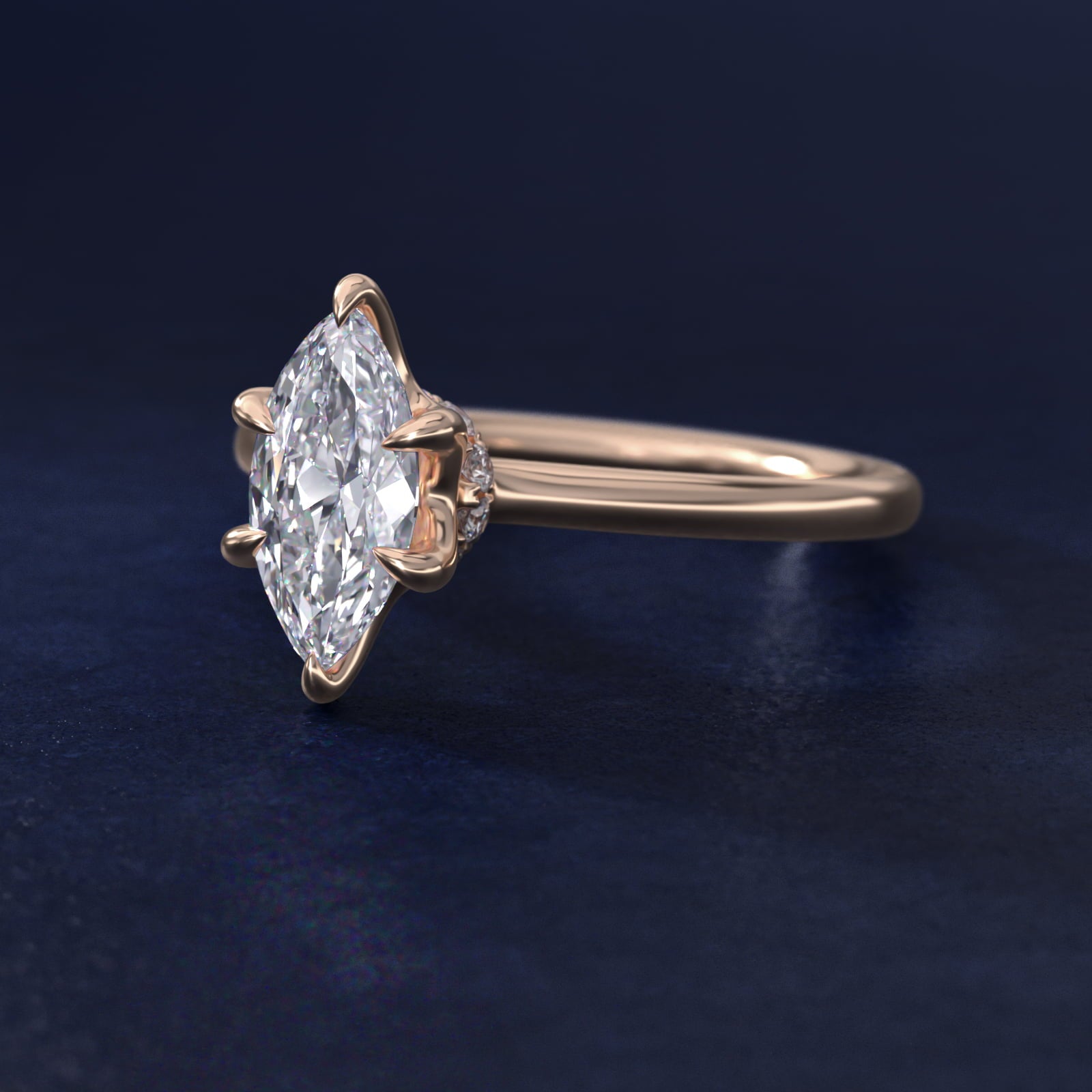Six-Prong Solitaire Plus Hidden Halo Diamond Engagement Ring in 18k Rose Gold - Marquise Center