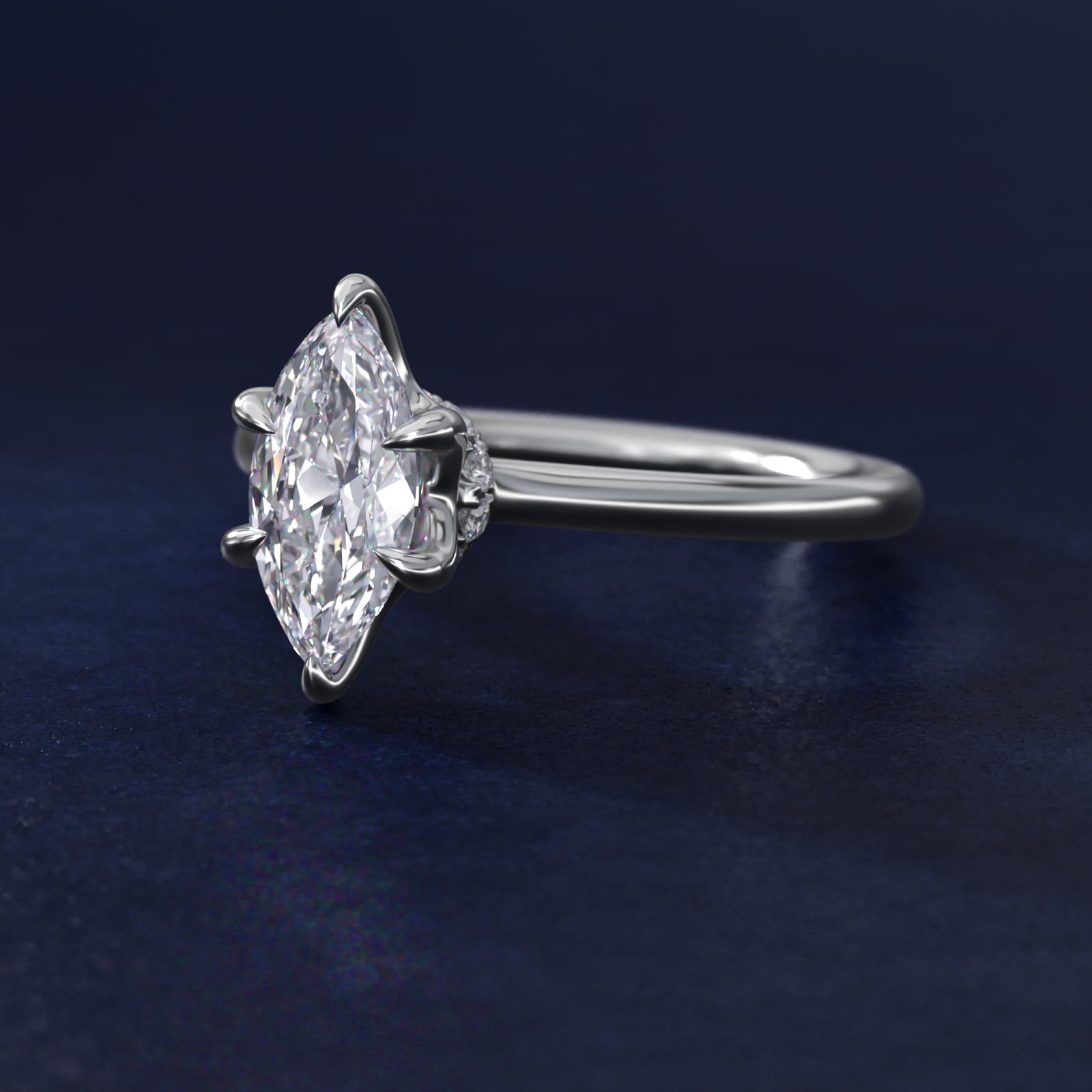 Six-Prong Solitaire Plus Hidden Halo Diamond Engagement Ring in Platinum - Marquise Center