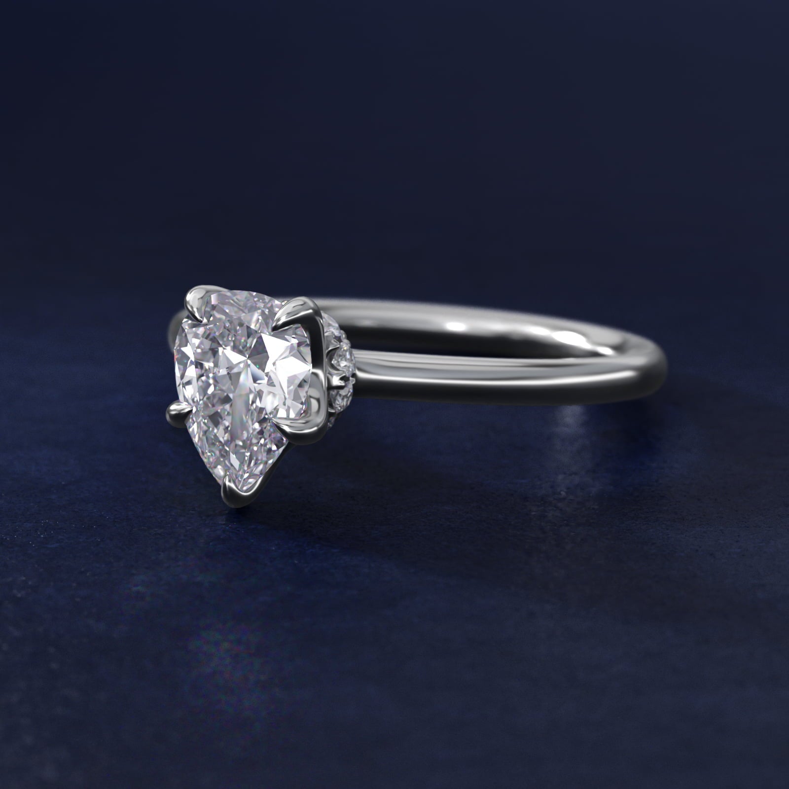 Six-Prong Solitaire Plus Hidden Halo Diamond Engagement Ring in Platinum - Pear Center