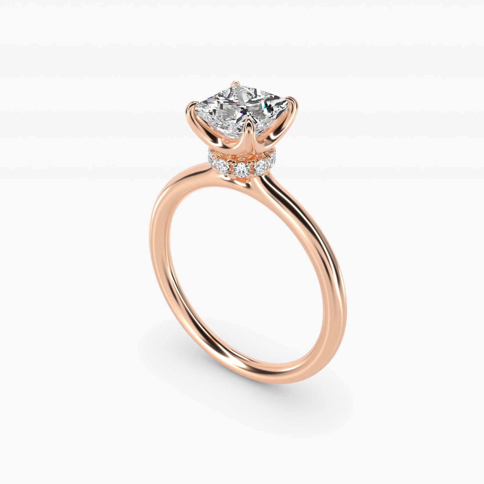 Six-Prong Solitaire Plus Hidden Halo Diamond Engagement Ring in 14K Rose Gold - Princess Center