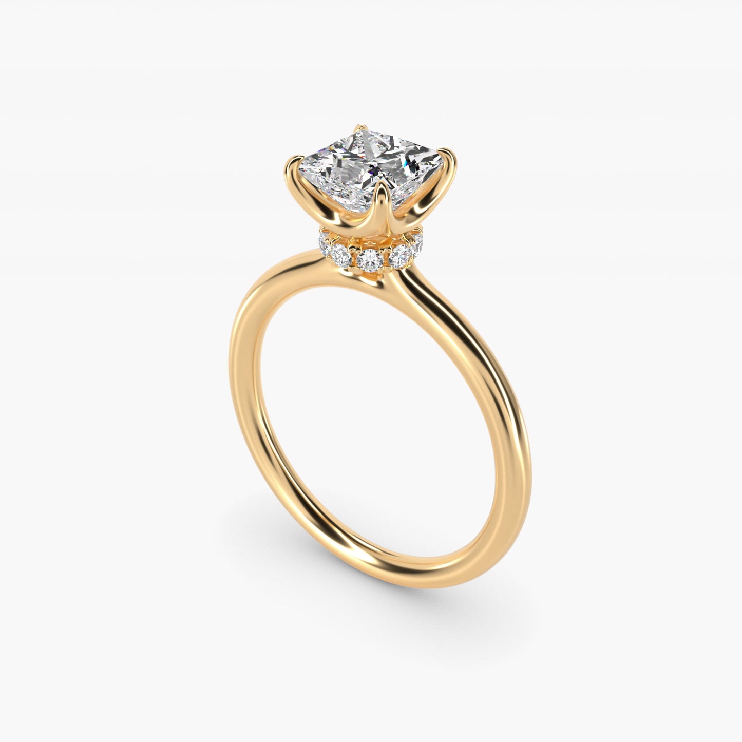 Six-Prong Solitaire Plus Hidden Halo Diamond Engagement Ring in 14K Yellow Gold - Princess Center