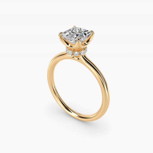 Six-Prong Solitaire Plus Hidden Halo Diamond Engagement Ring in 14K Yellow Gold - Princess Center