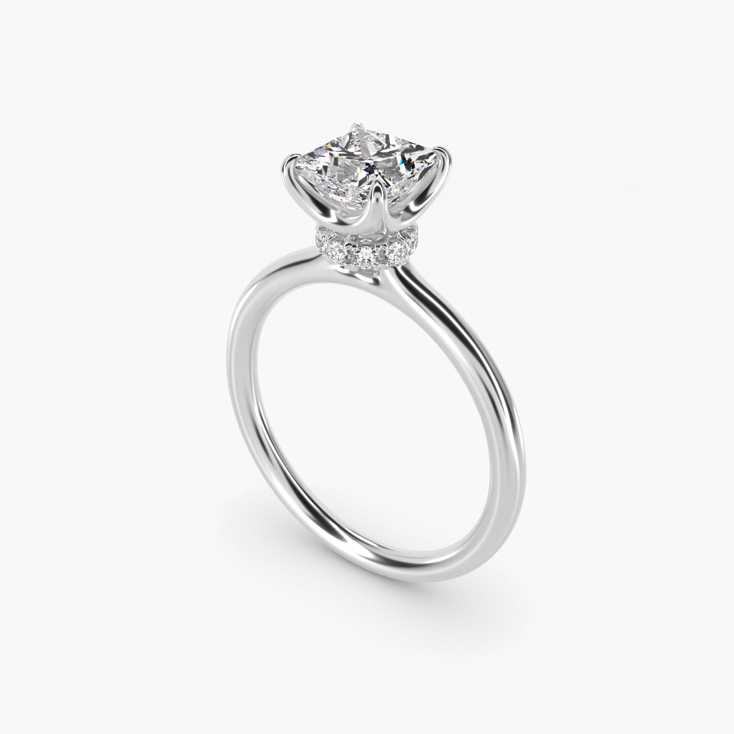 Six-Prong Solitaire Plus Hidden Halo Diamond Engagement Ring in Platinum - Princess Center