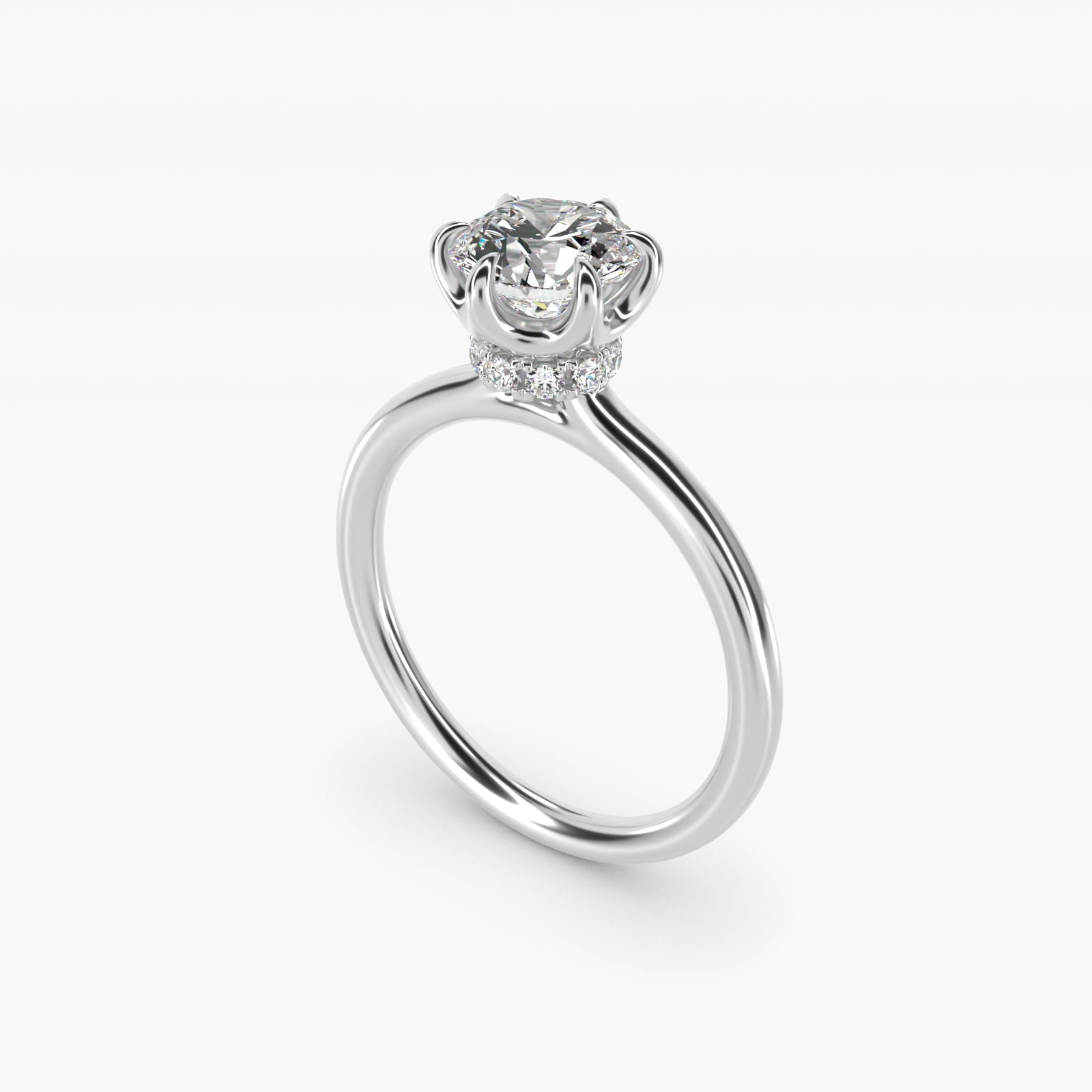 Six-Prong Solitaire Plus Hidden Halo Diamond Engagement Ring in 18k White Gold - Round Center