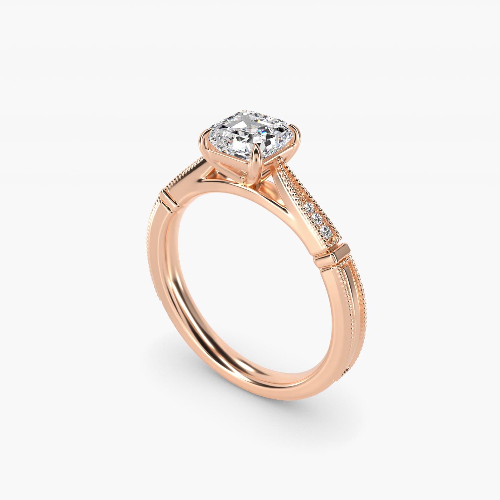 Six-Prong Vintage Milgrain and Diamond Engagement Ring in 18k Rose Gold - Asscher Center