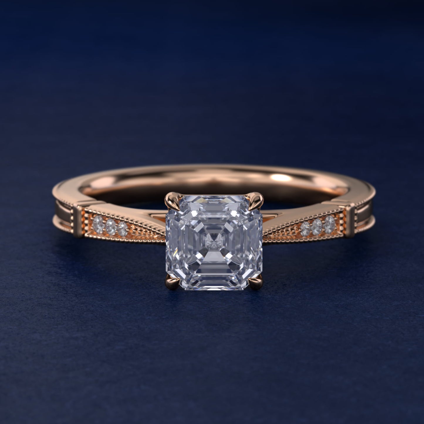 Six-Prong Vintage Milgrain and Diamond Engagement Ring in 18k Rose Gold - Asscher Center
