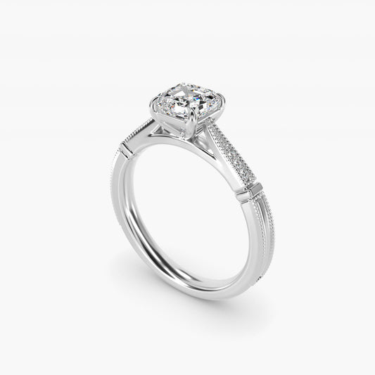 Six-Prong Vintage Milgrain and Diamond Engagement Ring in 18k White Gold - Asscher Center