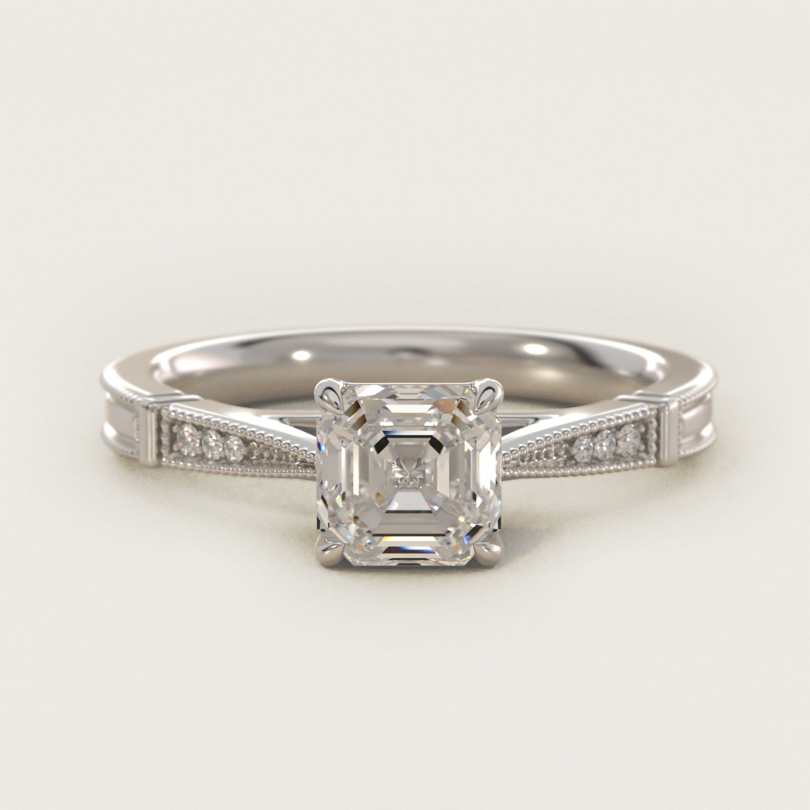 Six-Prong Vintage Milgrain and Diamond Engagement Ring in 14k White Gold - Asscher Center