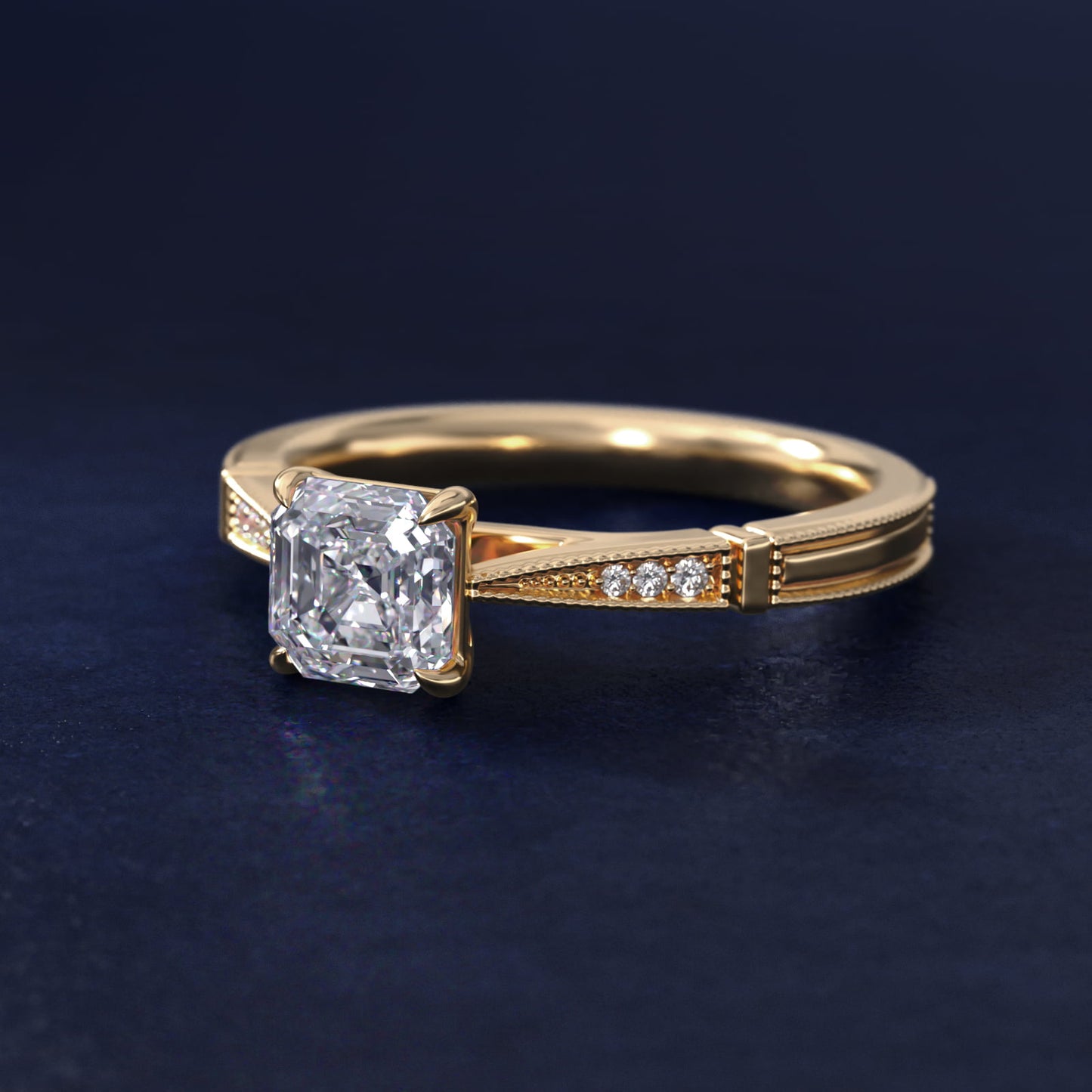 Six-Prong Vintage Milgrain and Diamond Engagement Ring in 14k Yellow Gold - Asscher Center
