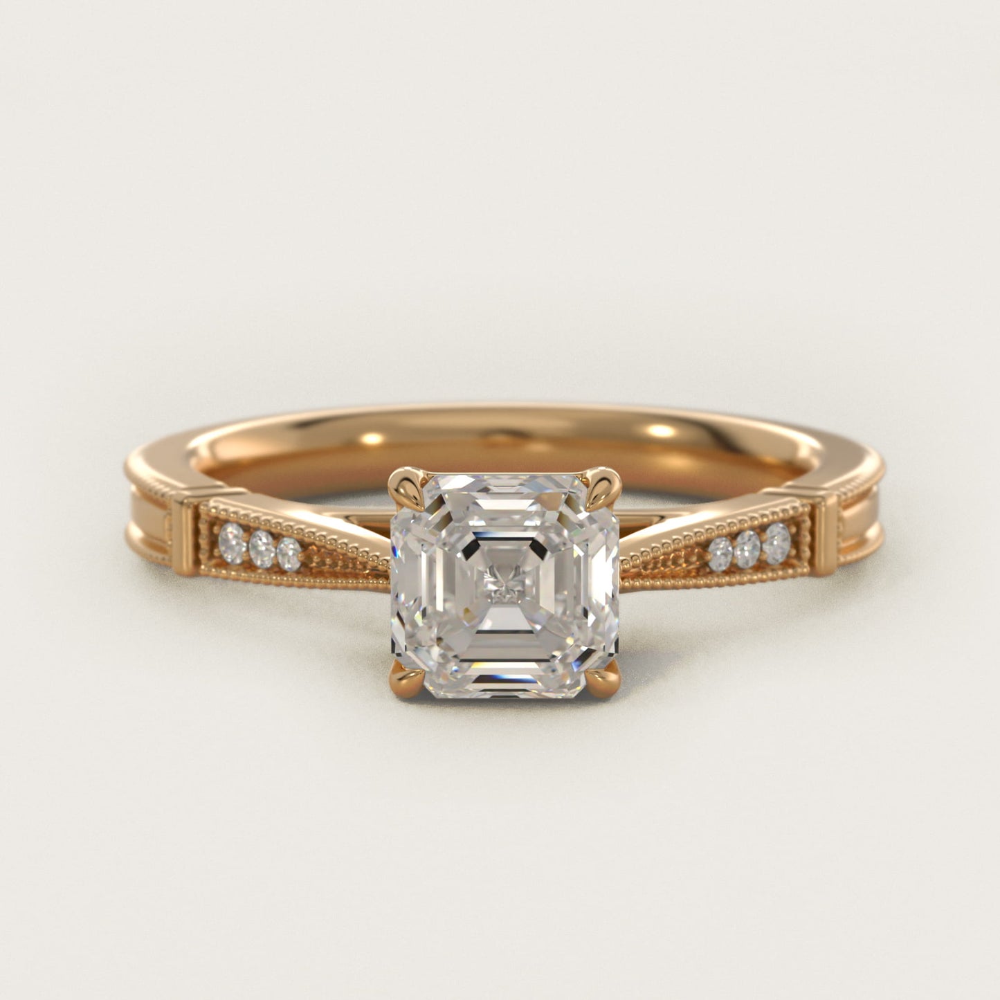 Six-Prong Vintage Milgrain and Diamond Engagement Ring in 18k Yellow Gold - Asscher Center