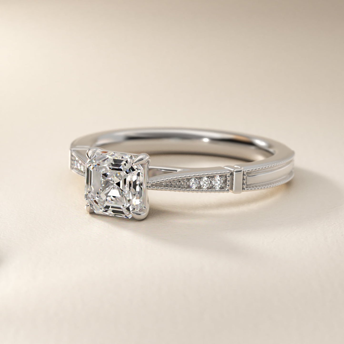 Six-Prong Vintage Milgrain and Diamond Engagement Ring in Platinum - Asscher Center