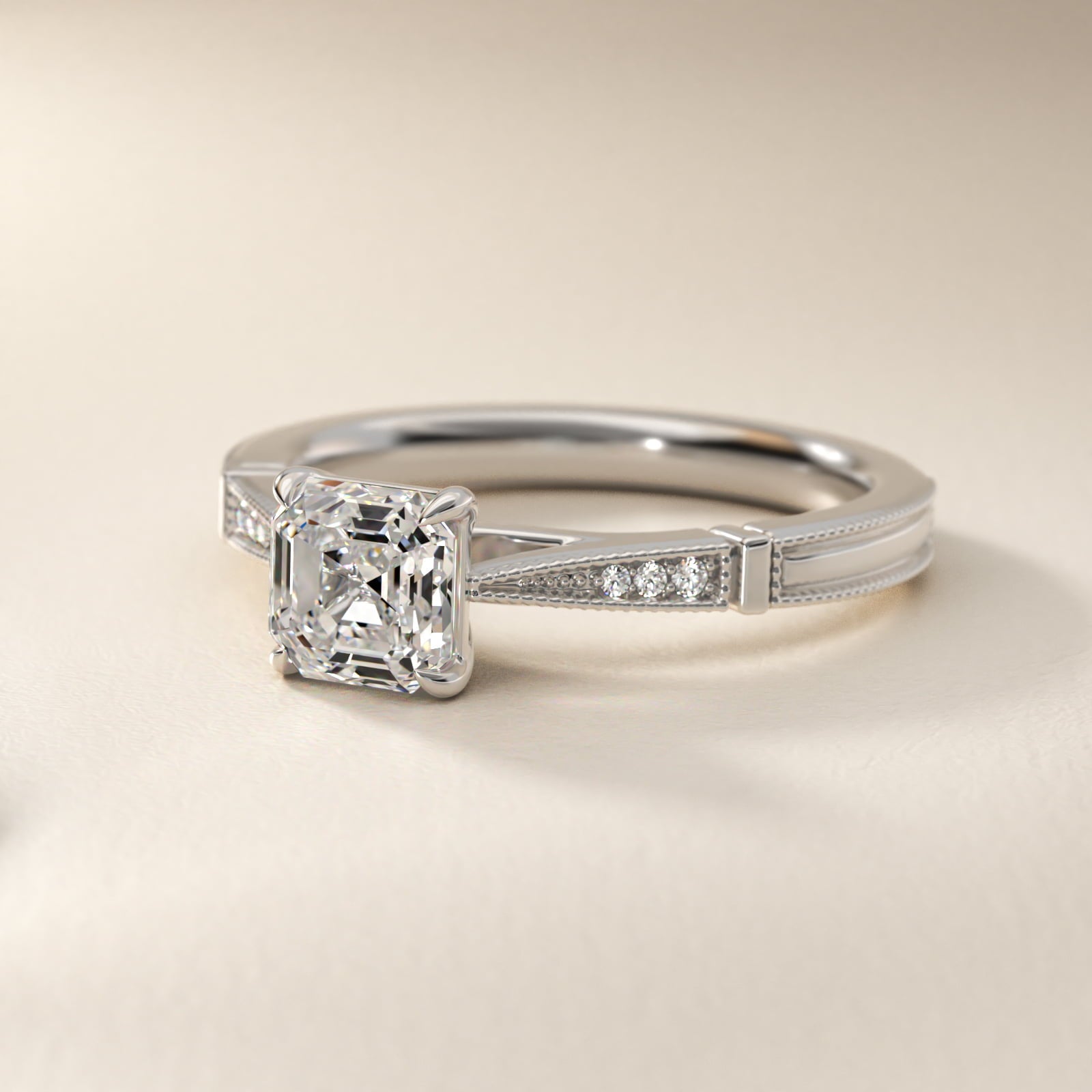 Six-Prong Vintage Milgrain and Diamond Engagement Ring in Platinum - Asscher Center