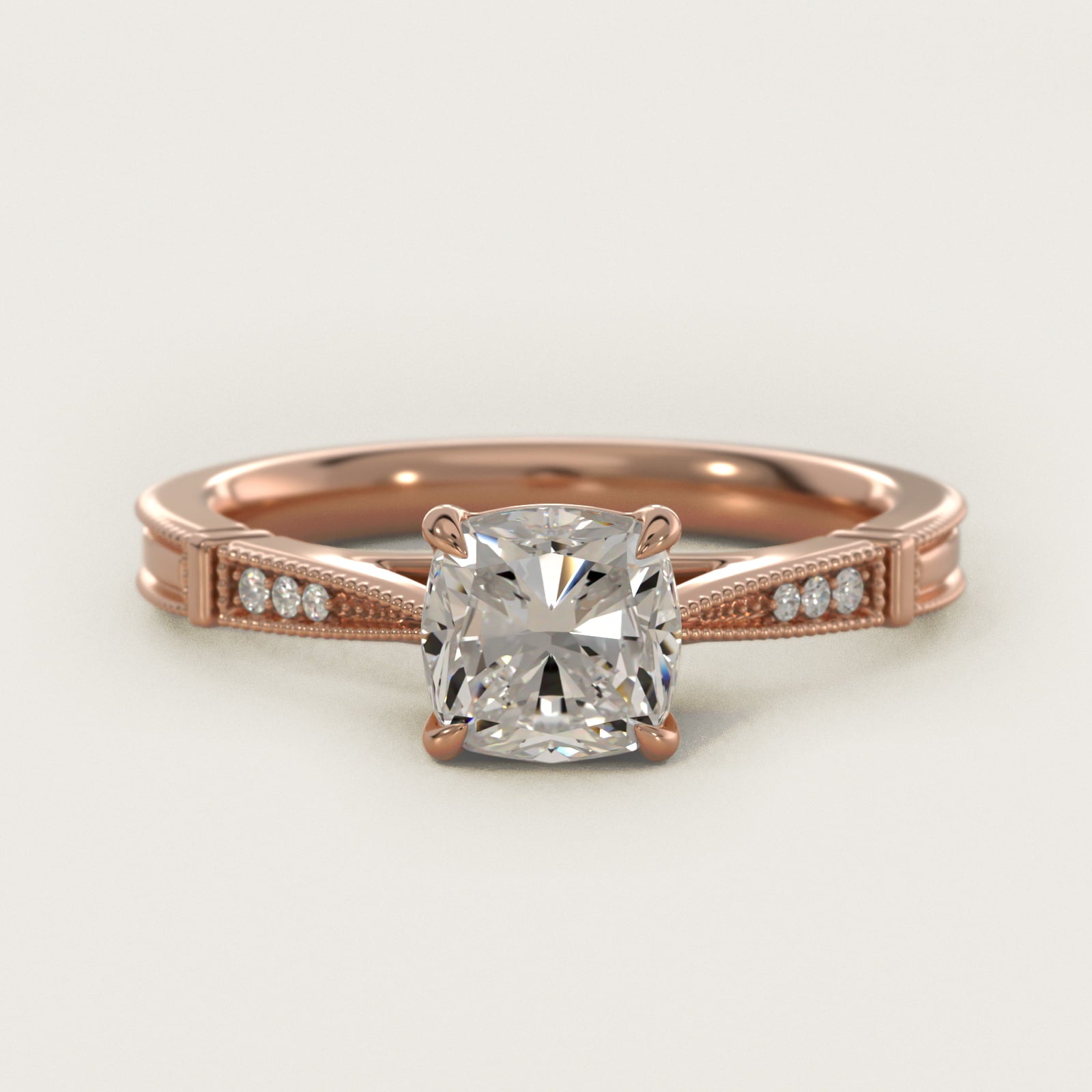 Six-Prong Vintage Milgrain and Diamond Engagement Ring in 14k Rose Gold - Cushion Center