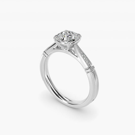 Six-Prong Vintage Milgrain and Diamond Engagement Ring in 14k White Gold - Cushion Center
