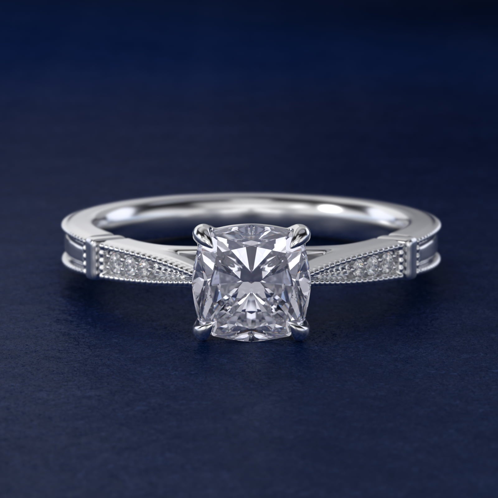 Six-Prong Vintage Milgrain and Diamond Engagement Ring in 14k White Gold - Cushion Center