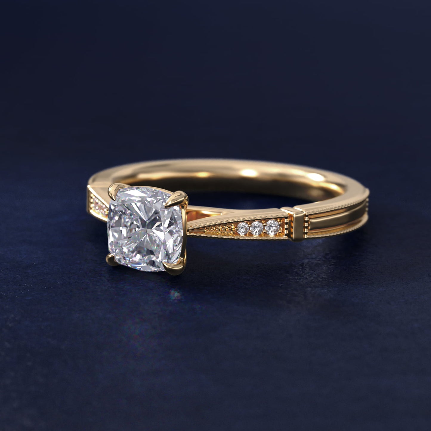 Six-Prong Vintage Milgrain and Diamond Engagement Ring in 14k Yellow Gold - Cushion Center