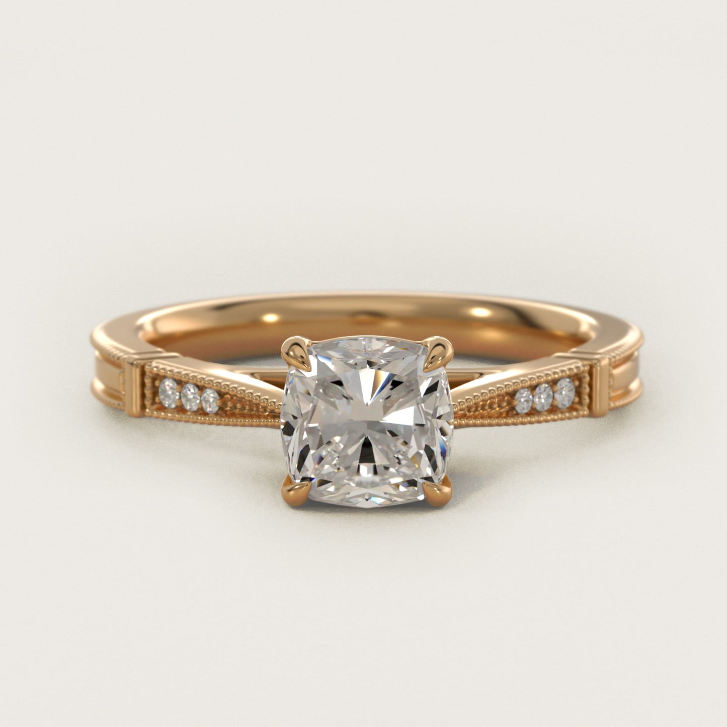 Six-Prong Vintage Milgrain and Diamond Engagement Ring in 14k Yellow Gold - Cushion Center