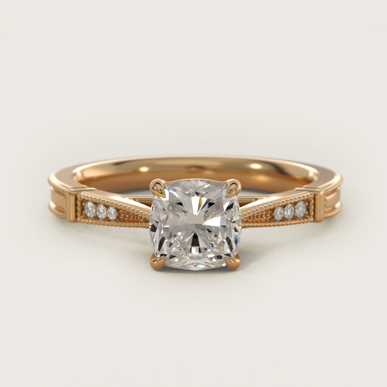 Six-Prong Vintage Milgrain and Diamond Engagement Ring in 18k Yellow Gold - Cushion Center