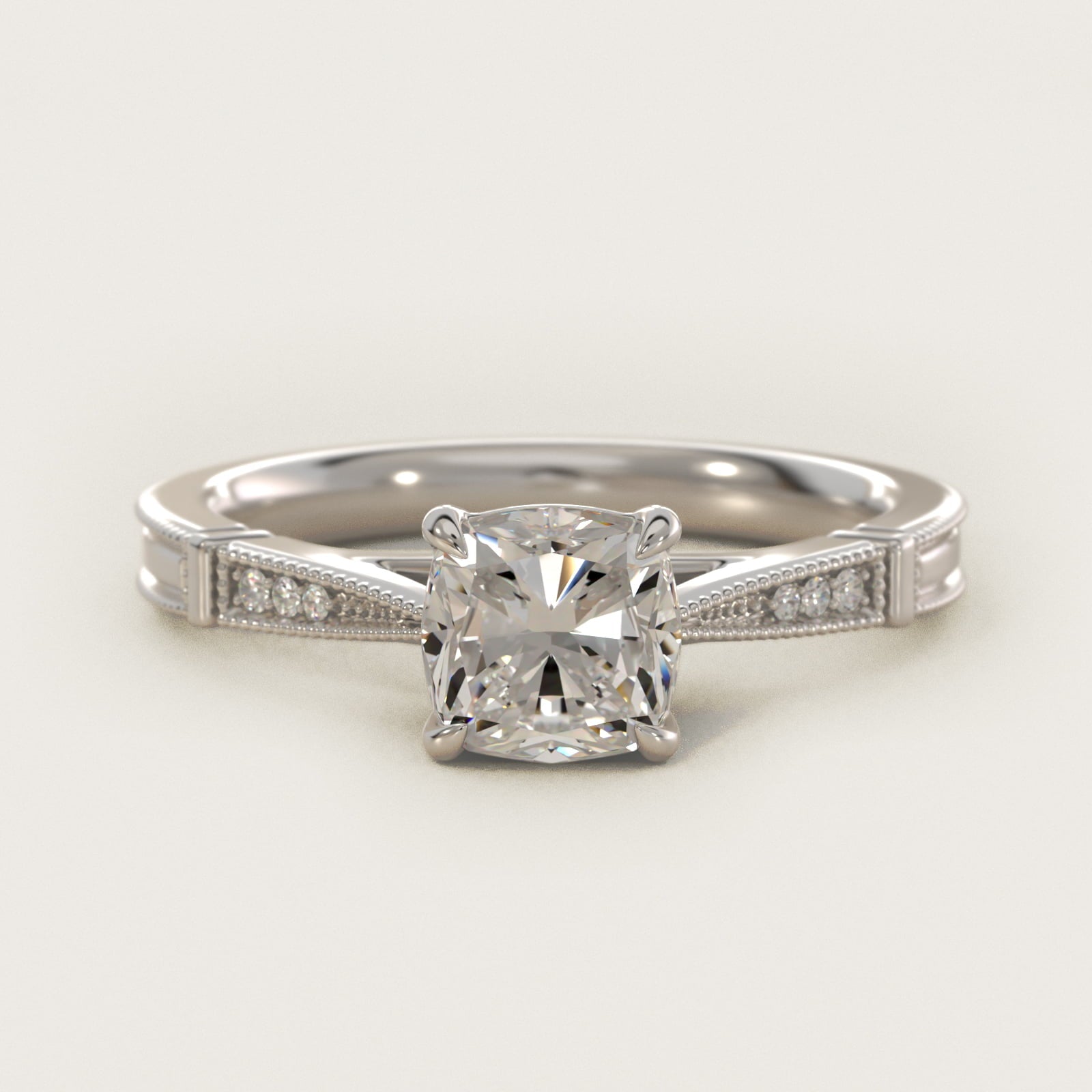Six-Prong Vintage Milgrain and Diamond Engagement Ring in Platinum - Cushion Center