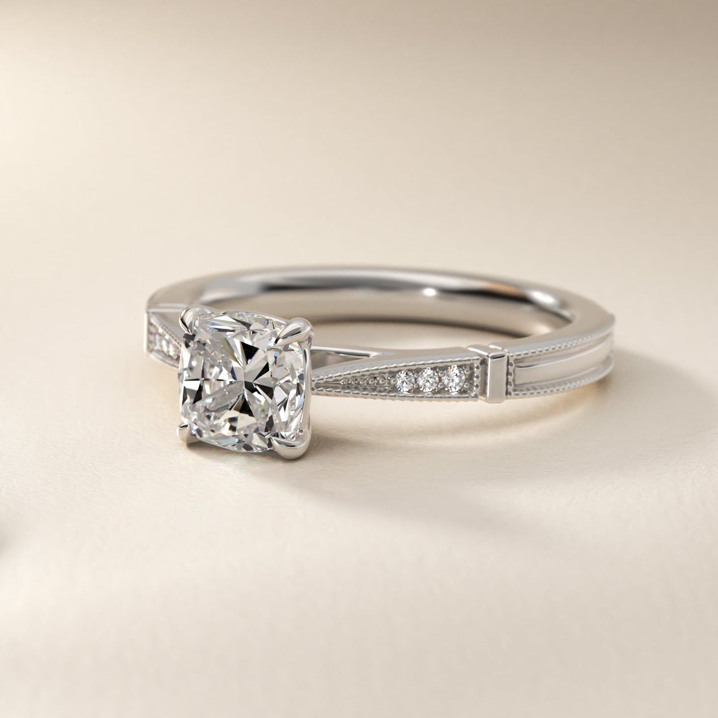 Six-Prong Vintage Milgrain and Diamond Engagement Ring in Platinum - Cushion Center