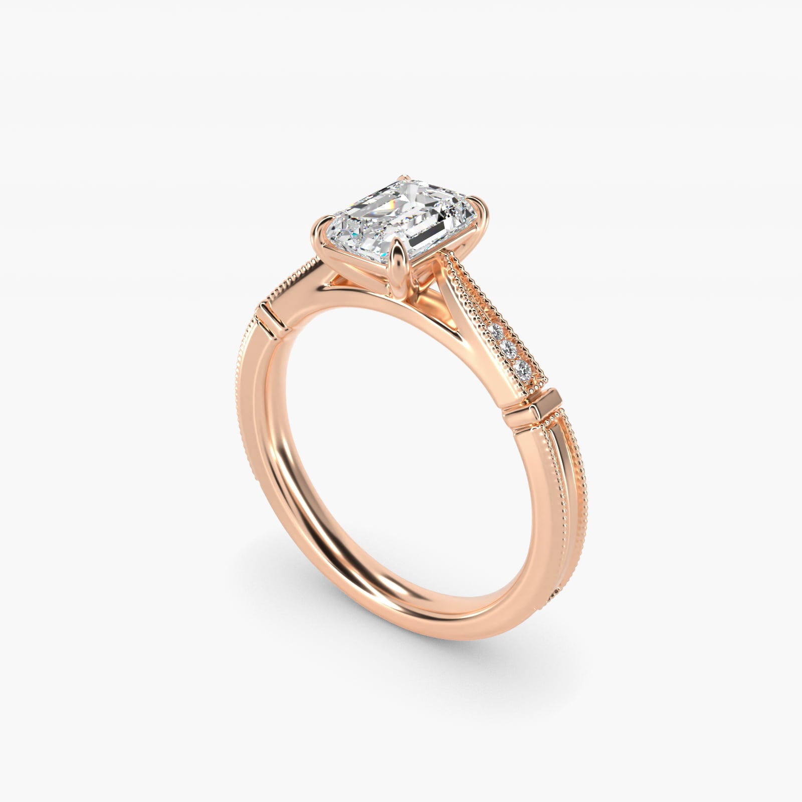 Six-Prong Vintage Milgrain and Diamond Engagement Ring in 14k Rose Gold - Emerald Center