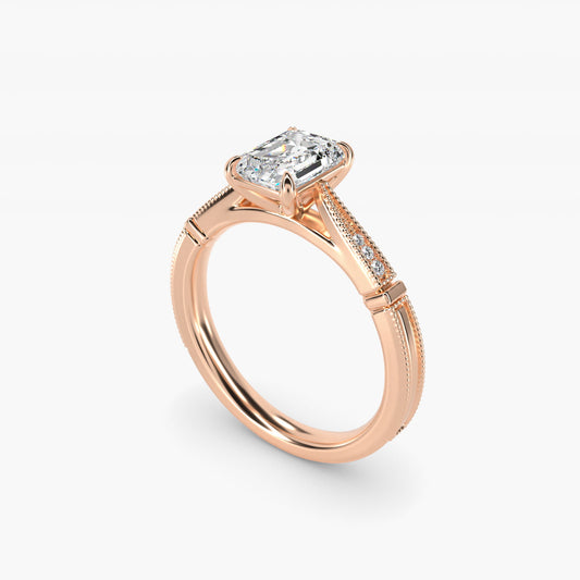 Six-Prong Vintage Milgrain and Diamond Engagement Ring in 18k Rose Gold - Emerald Center