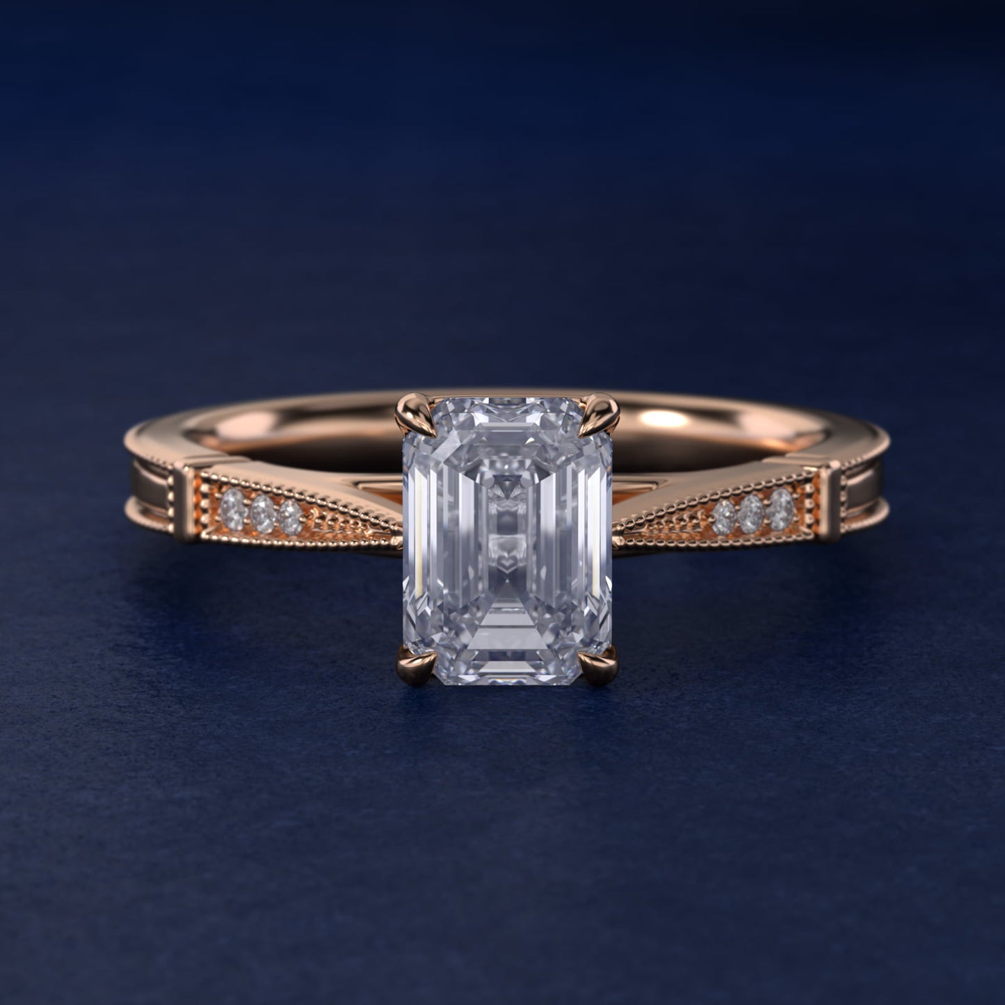 Six-Prong Vintage Milgrain and Diamond Engagement Ring in 14k Rose Gold - Emerald Center