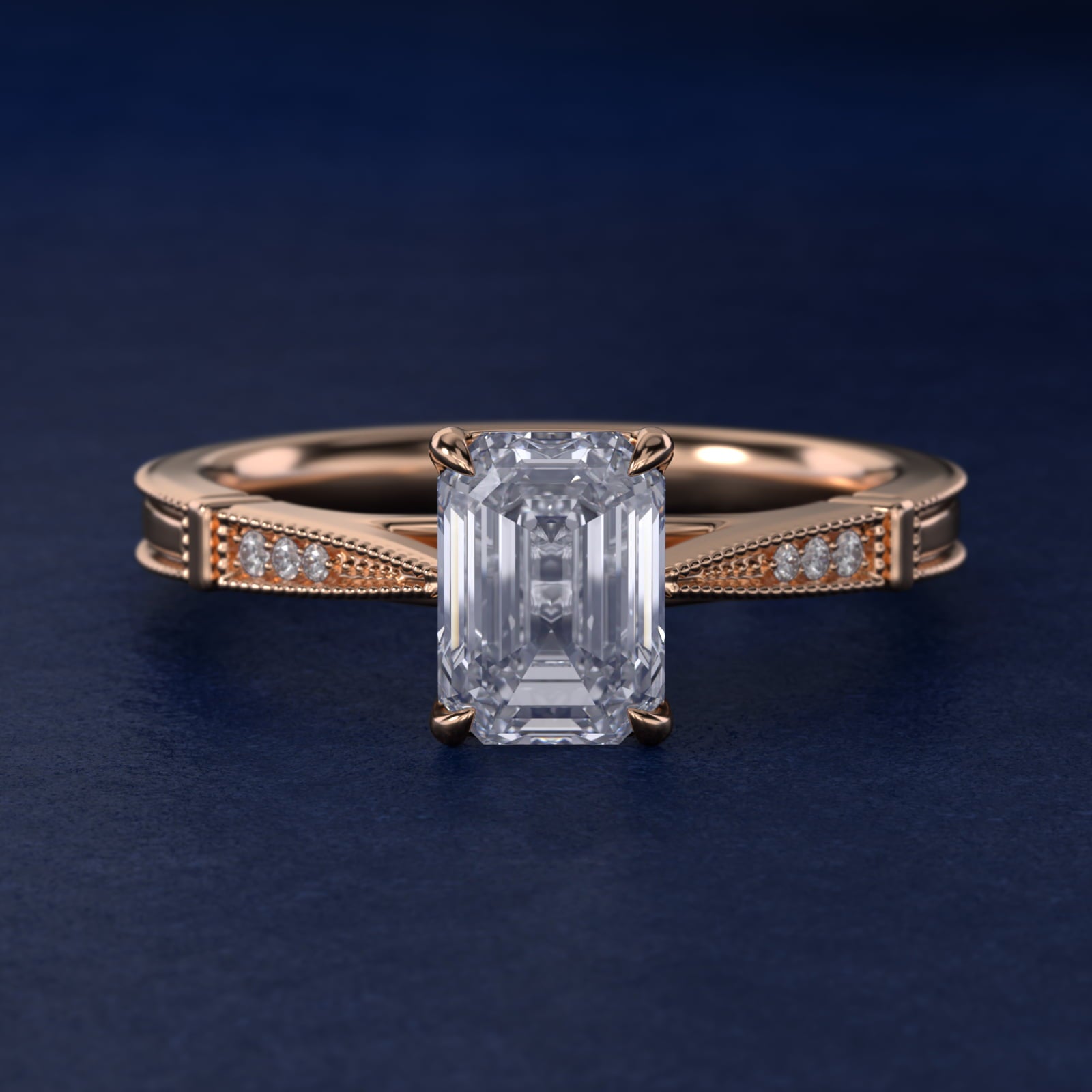 Six-Prong Vintage Milgrain and Diamond Engagement Ring in 14k Rose Gold - Emerald Center
