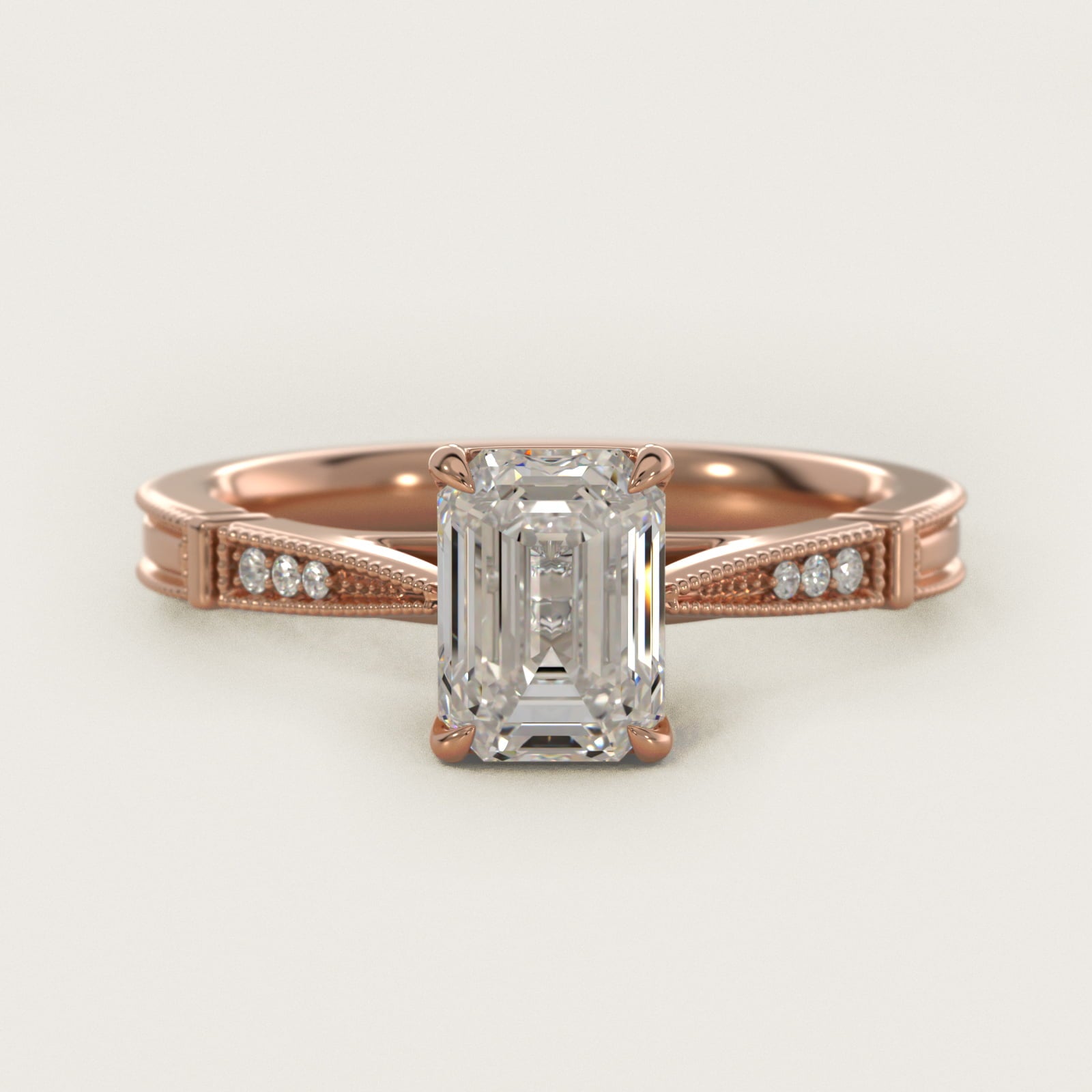 Six-Prong Vintage Milgrain and Diamond Engagement Ring in 18k Rose Gold - Emerald Center