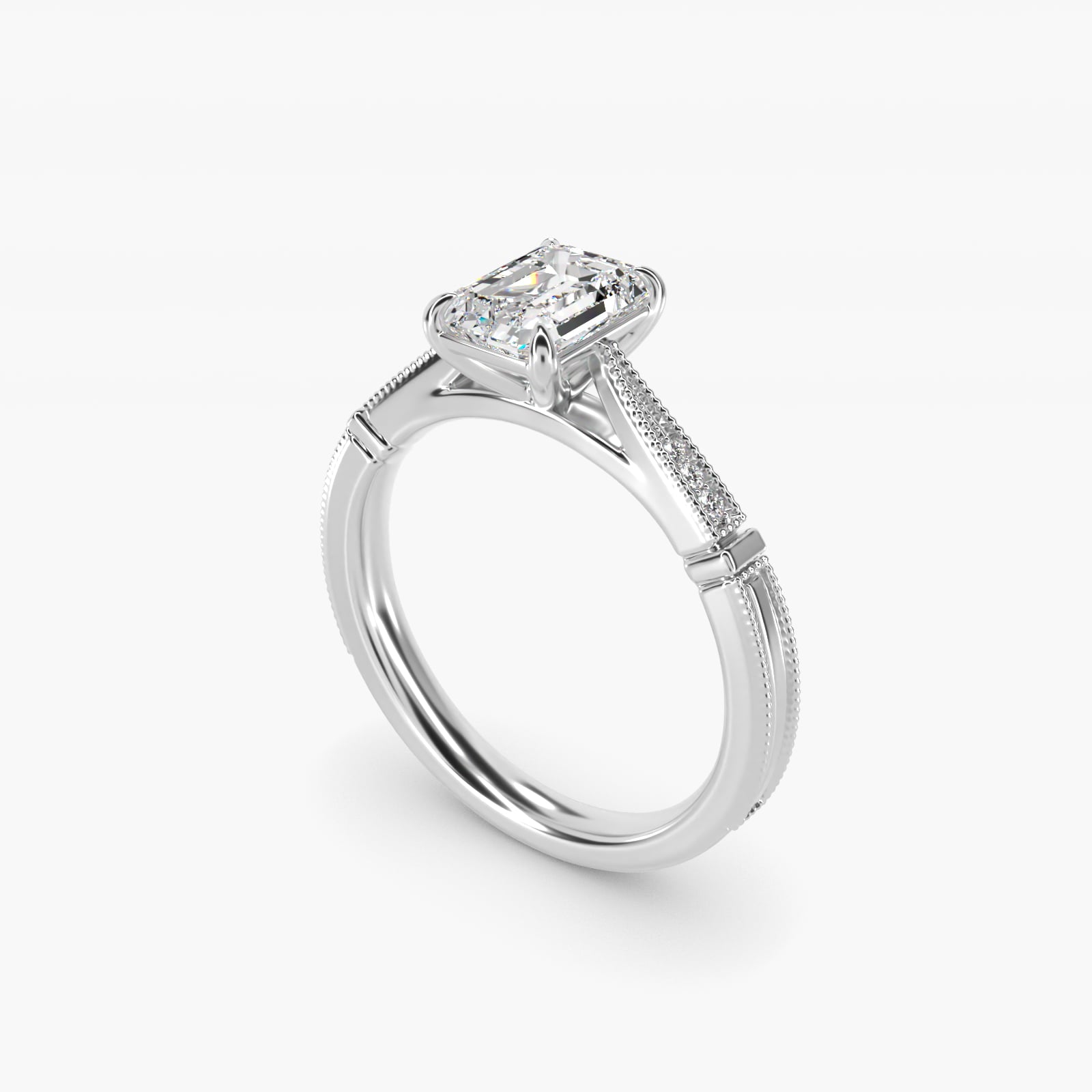 Six-Prong Vintage Milgrain and Diamond Engagement Ring in 14k White Gold - Emerald Center