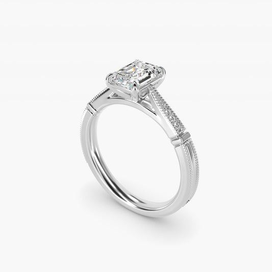 Six-Prong Vintage Milgrain and Diamond Engagement Ring in 18k White Gold - Emerald Center