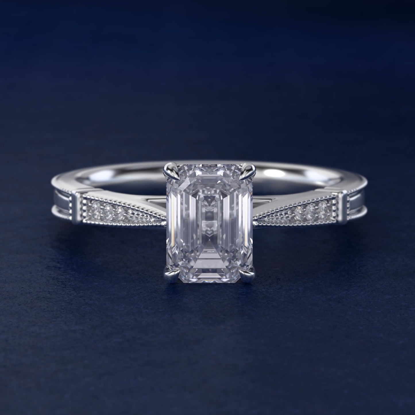 Six-Prong Vintage Milgrain and Diamond Engagement Ring in 14k White Gold - Emerald Center