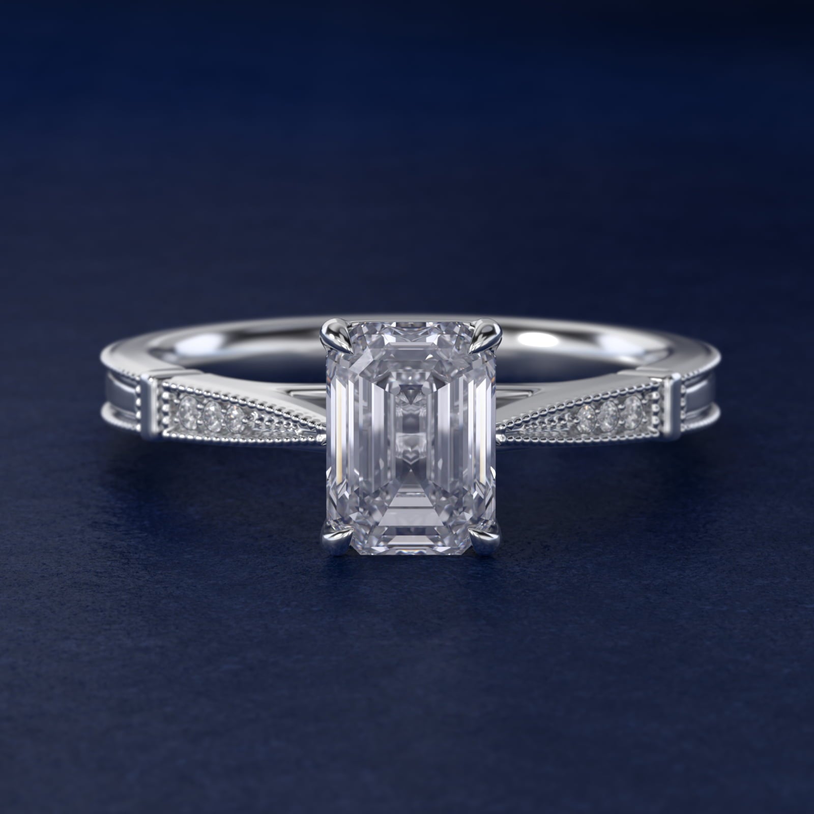 Six-Prong Vintage Milgrain and Diamond Engagement Ring in 14k White Gold - Emerald Center
