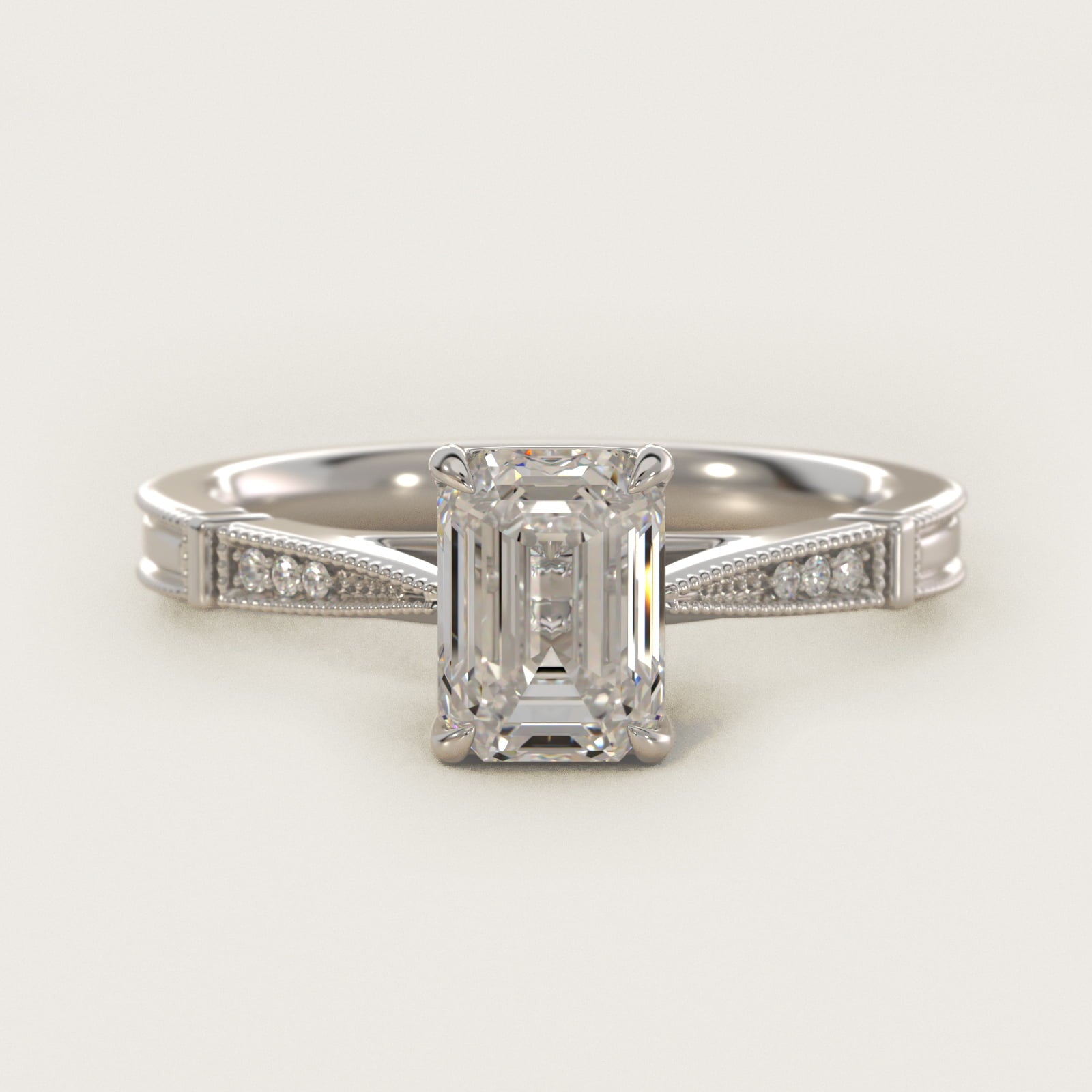 Six-Prong Vintage Milgrain and Diamond Engagement Ring in 14k White Gold - Emerald Center