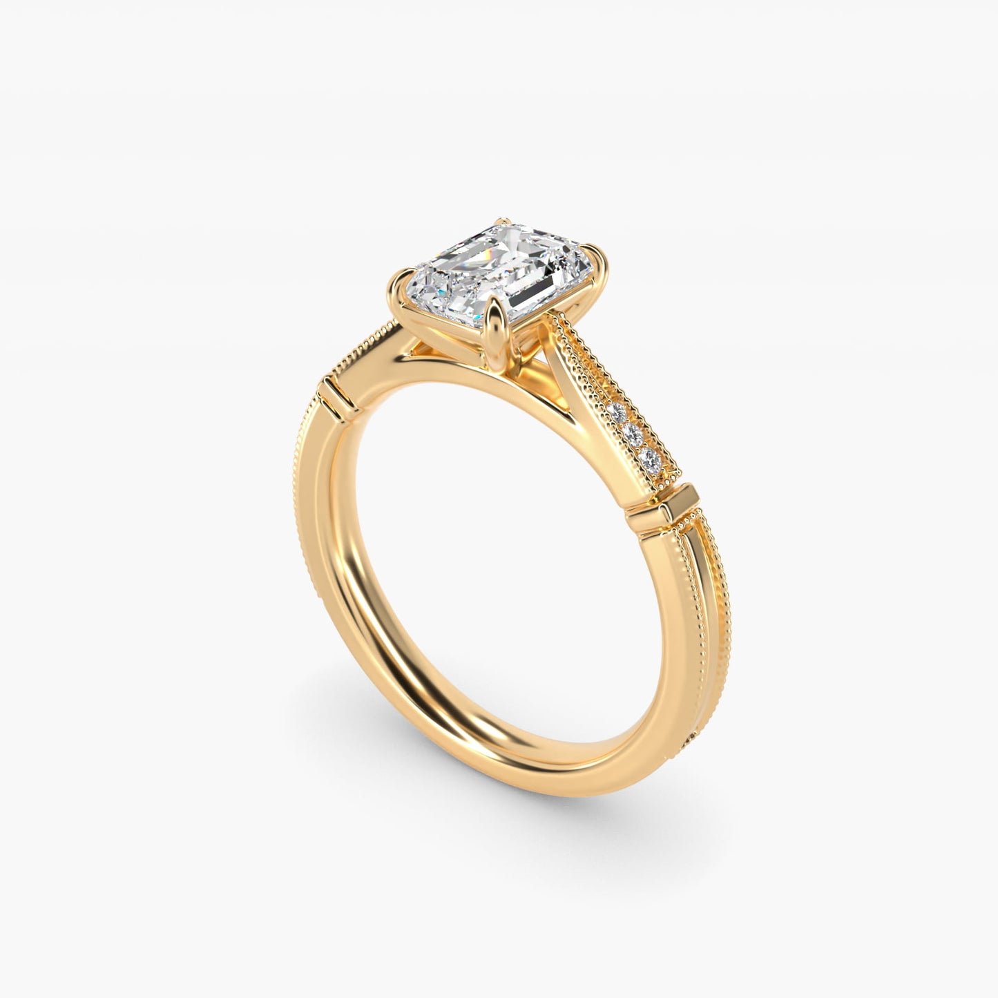 Six-Prong Vintage Milgrain and Diamond Engagement Ring in 14k Yellow Gold - Emerald Center