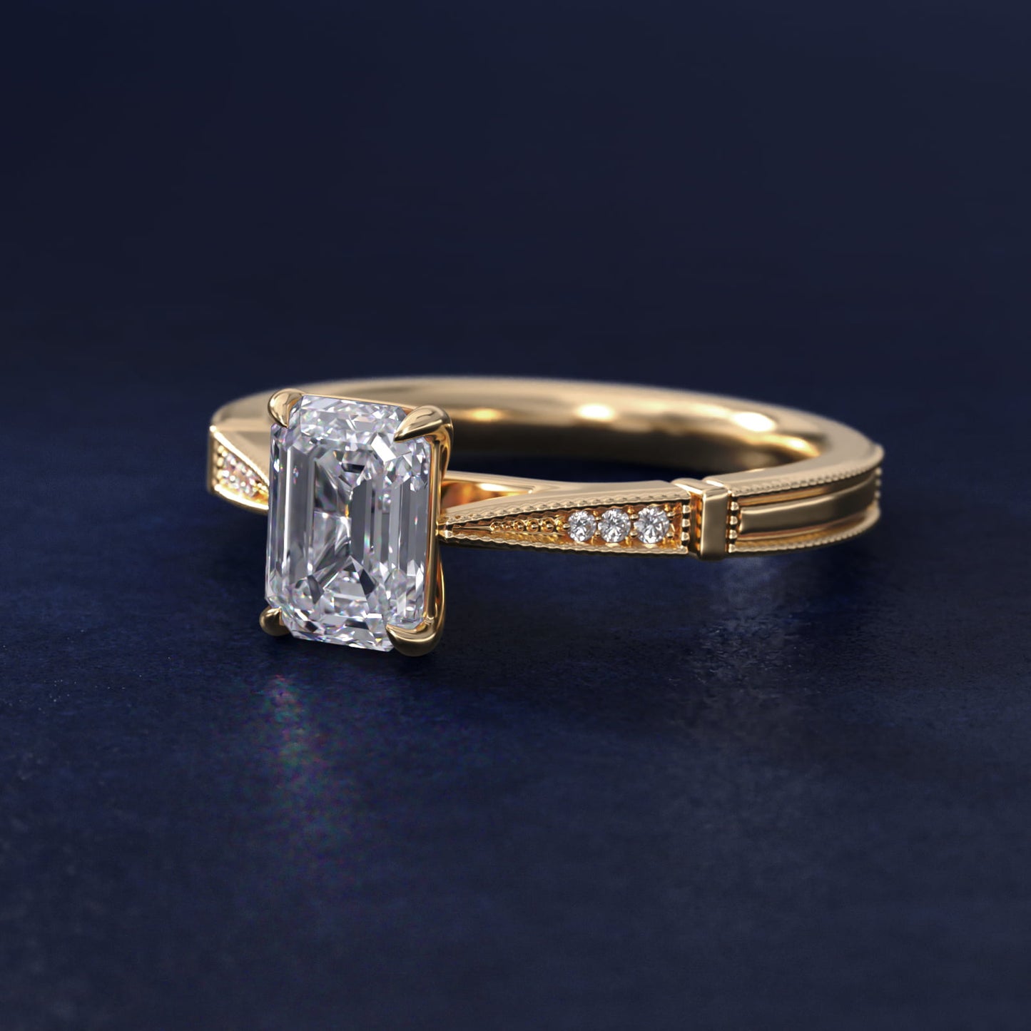 Six-Prong Vintage Milgrain and Diamond Engagement Ring in 14k Yellow Gold - Emerald Center