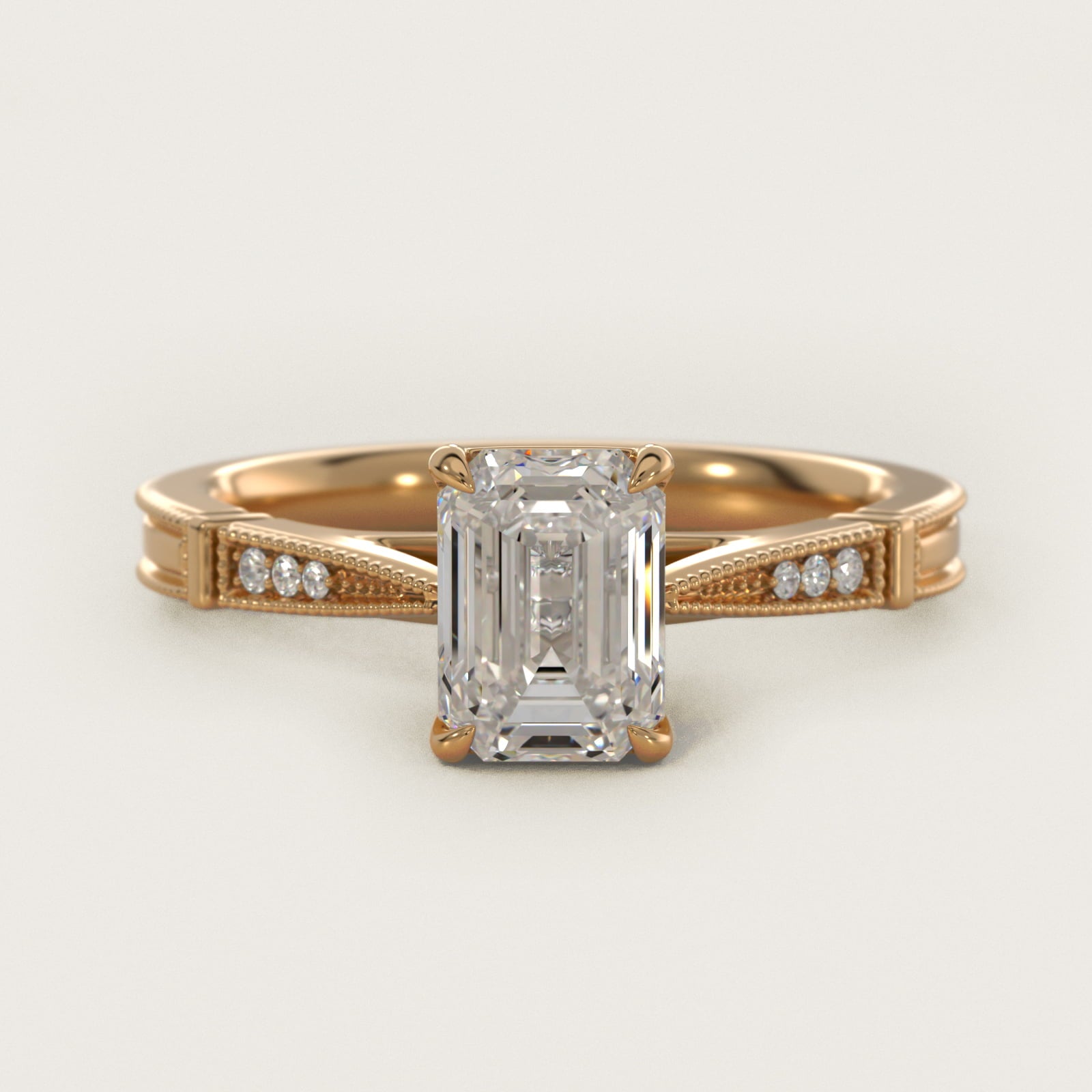 Six-Prong Vintage Milgrain and Diamond Engagement Ring in 14k Yellow Gold - Emerald Center