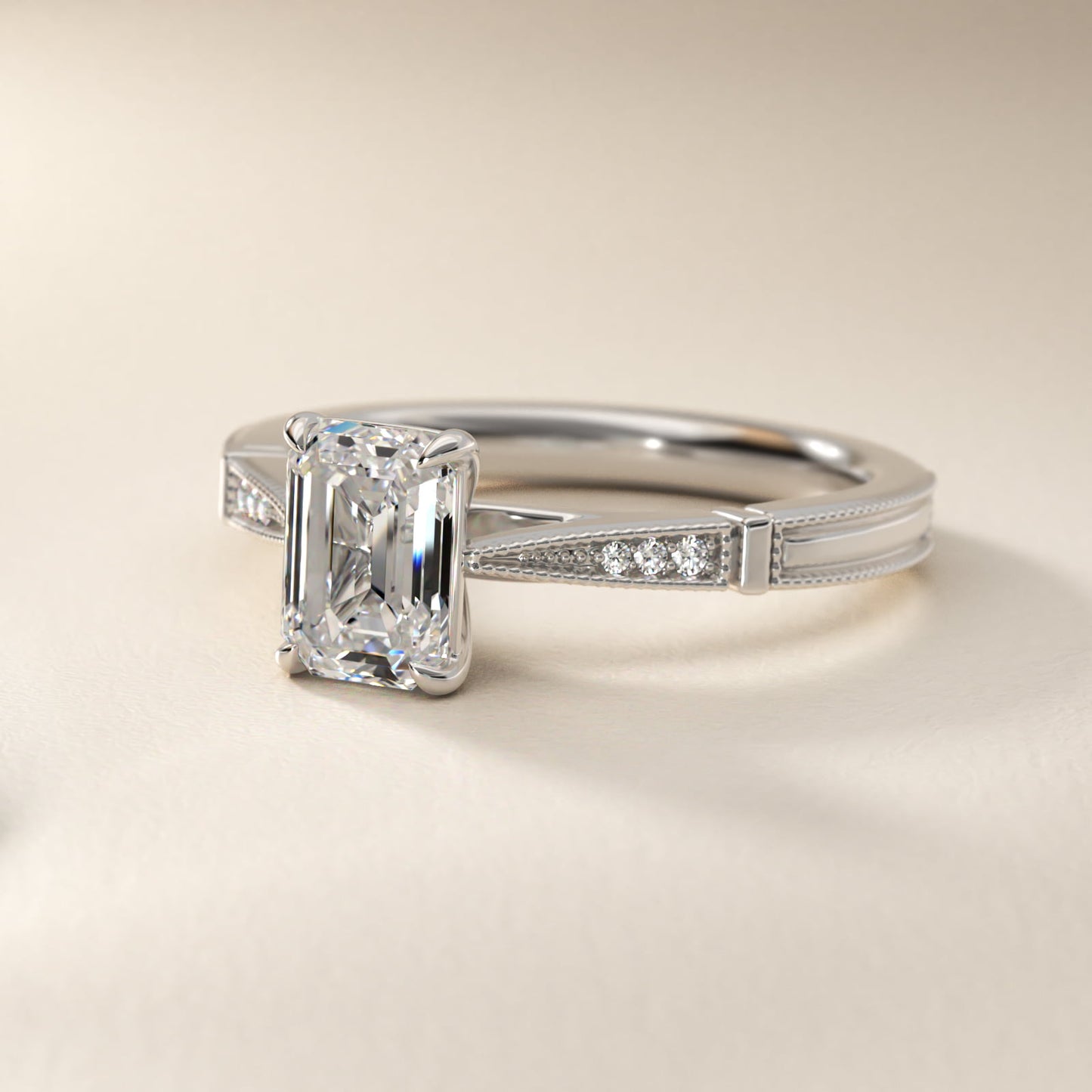 Six-Prong Vintage Milgrain and Diamond Engagement Ring in Platinum - Emerald Center