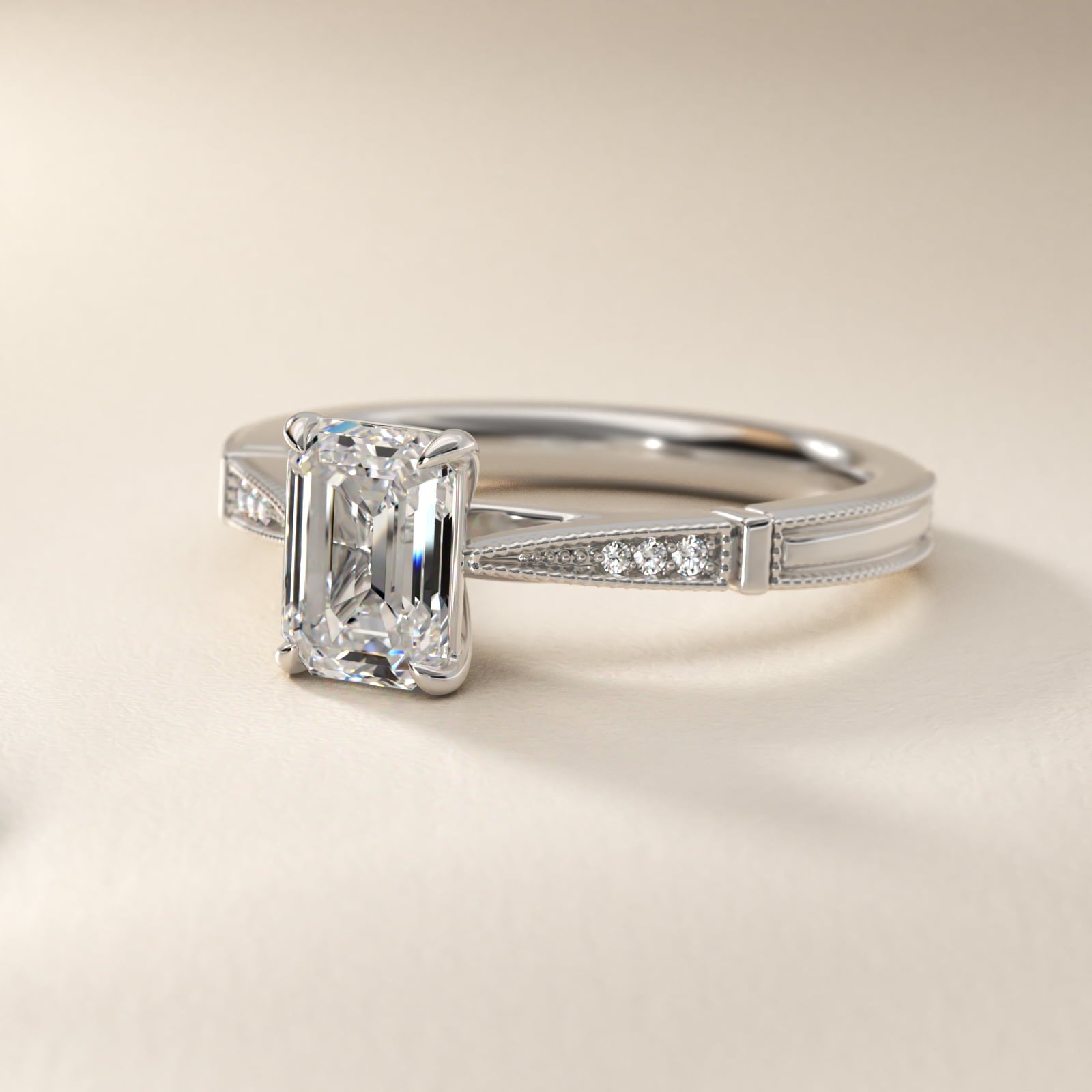 Six-Prong Vintage Milgrain and Diamond Engagement Ring in Platinum - Emerald Center