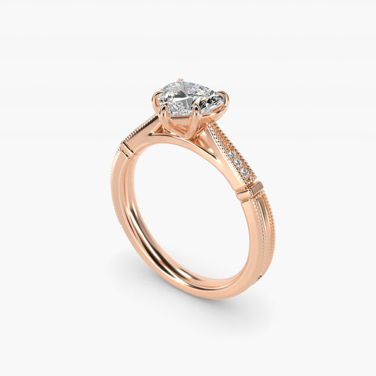 Six-Prong Vintage Milgrain and Diamond Engagement Ring in 14k Rose Gold - Heart Center