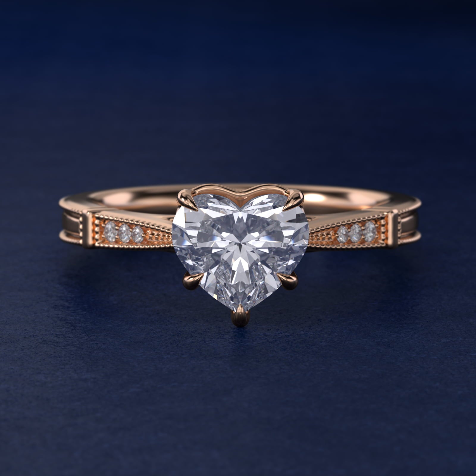 Six-Prong Vintage Milgrain and Diamond Engagement Ring in 14k Rose Gold - Heart Center