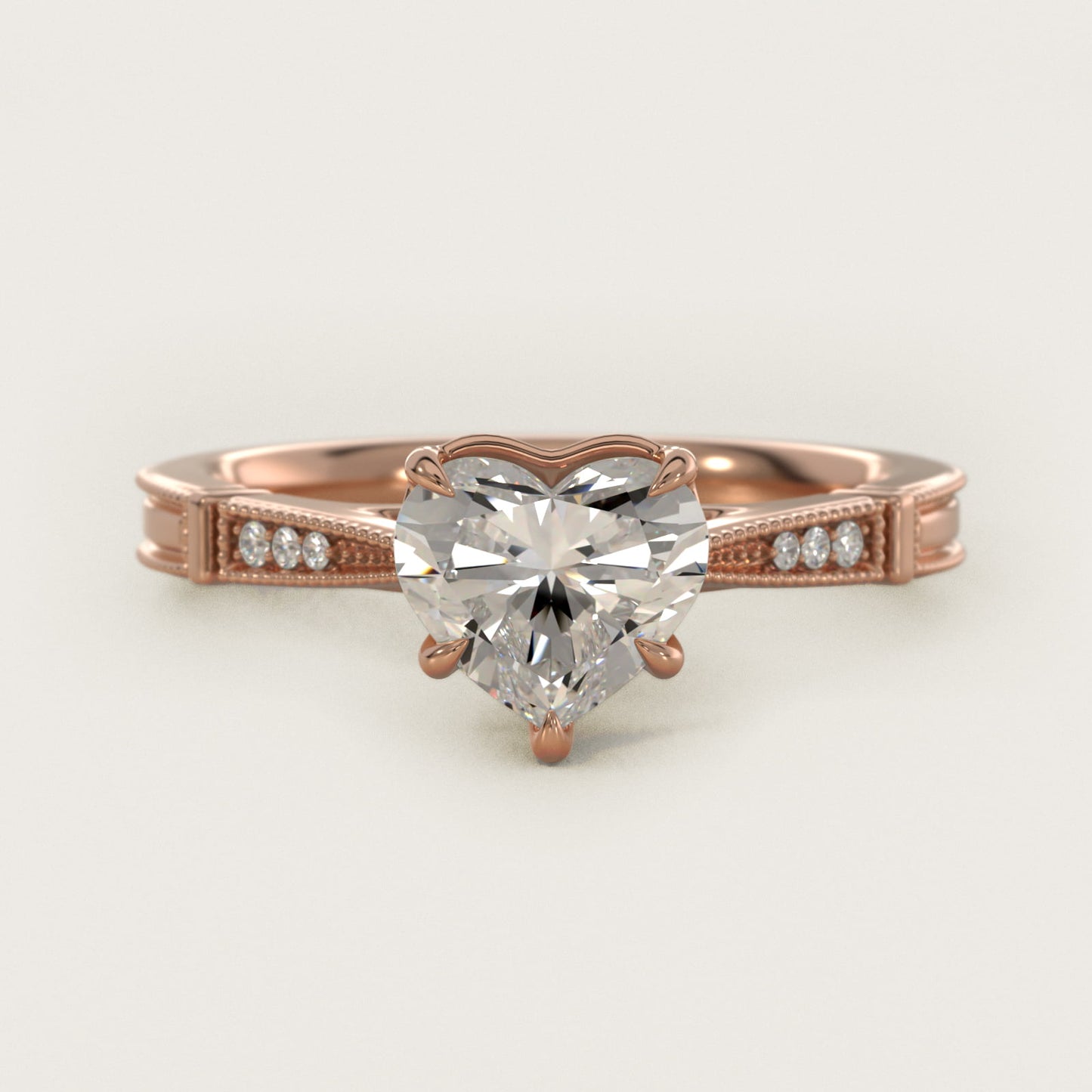 Six-Prong Vintage Milgrain and Diamond Engagement Ring in 18k Rose Gold - Heart Center